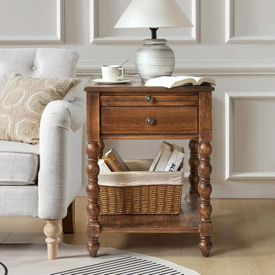 Farmhouse End Table with Charging Station, Solid Wood Nightstand with Drawer Shelf, Side Table with Pull-Out Shelf (Walnut)