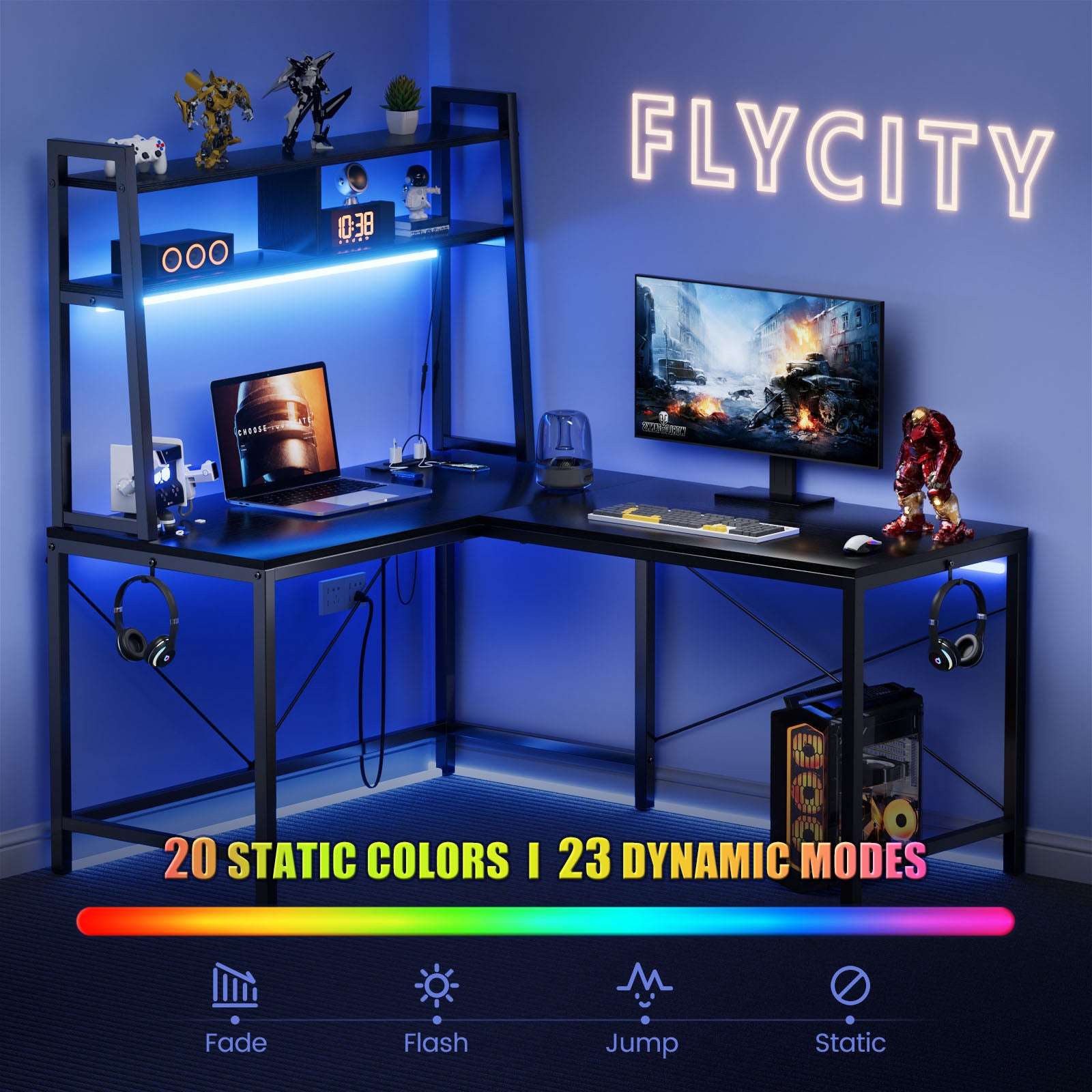 L-Shaped Gaming Desk With Led Lights & Power Outlets