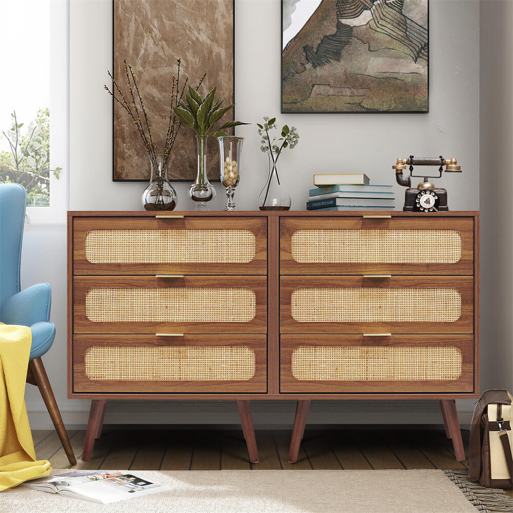 Rattan Nightstand Dresser Table with 3 Drawers