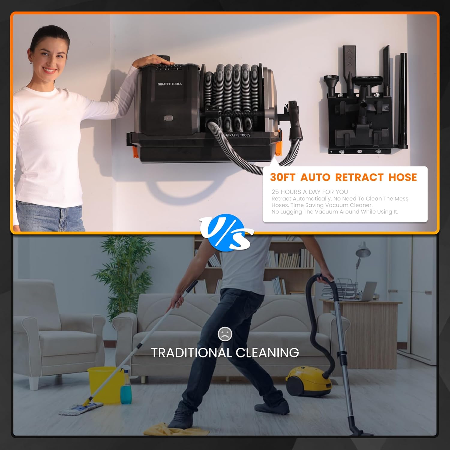 Retractable Vacuum Cleaner Wall-Mounted, Shop Wet Dry Vacuum Cleaner with 6 Nozzles for Car Detailing Remote Control Garage Vacuum, Grey