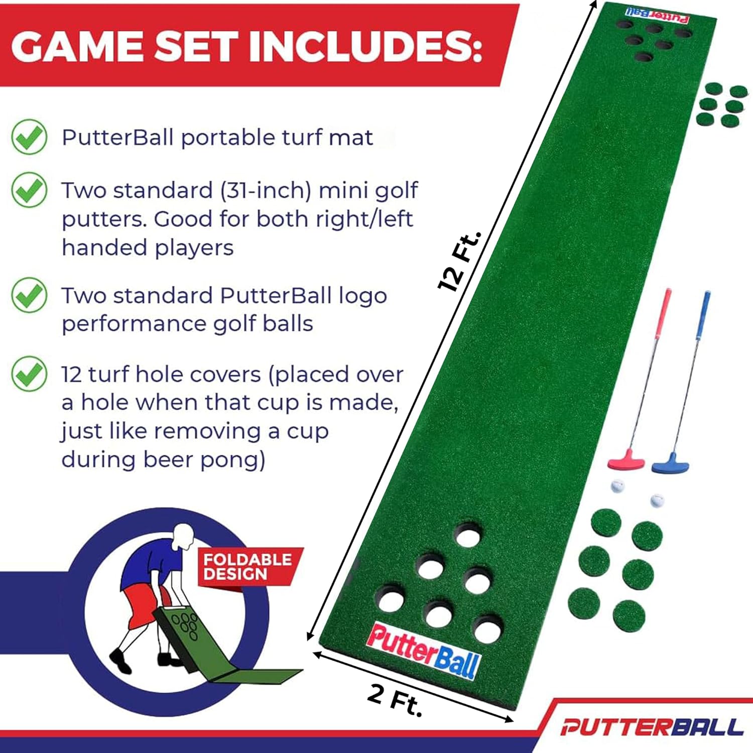 Original Golf Game Set – 12 ft Putting Green Mat with 2 Putters, 2 Balls, Hole Covers & Carry Bag – Backyard Game for Adults, Office Fun, Indoor Putting, Travel & Party Activities