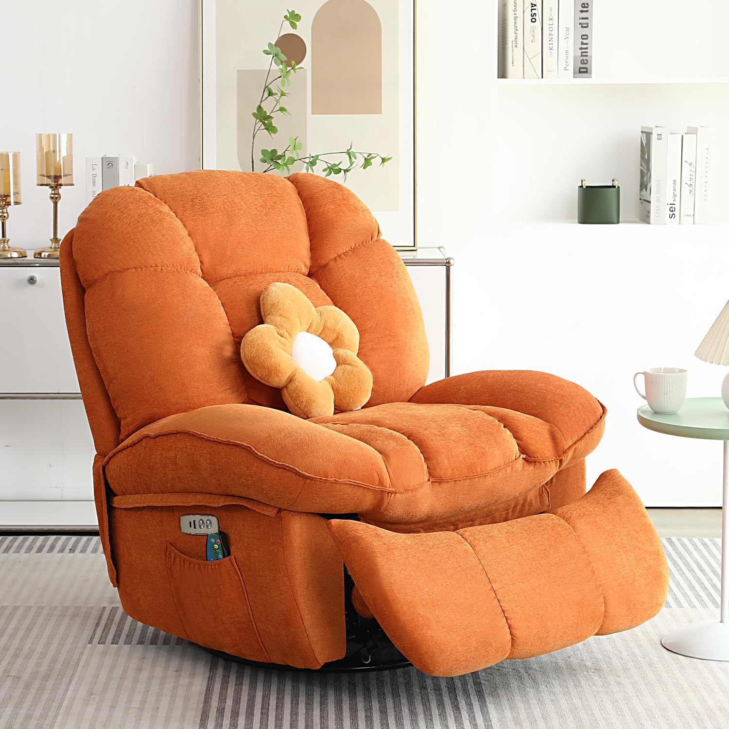 Power Recliner Chair, Massage Rocker Recliner Chairs for Adults with Heated, Oversized Rocker Swivel Chairs for Living Room, Comfy Nursery Rocking Chairs with USB-C Ports and Side Pocket, White