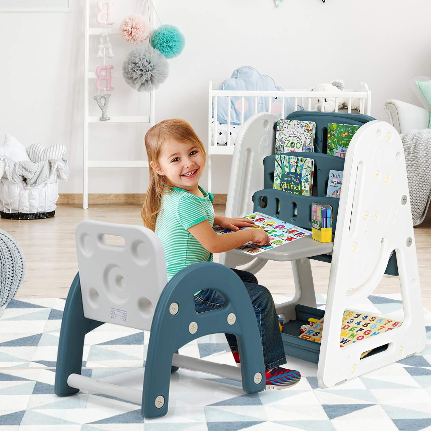Kids Art Easel with Stool, 3 in 1 Double-Sided Magnetic Dry Erase Board and Kids Book Rack with Foldable Desktop, Adjustable Standing Easel with Letters and Number Magnets