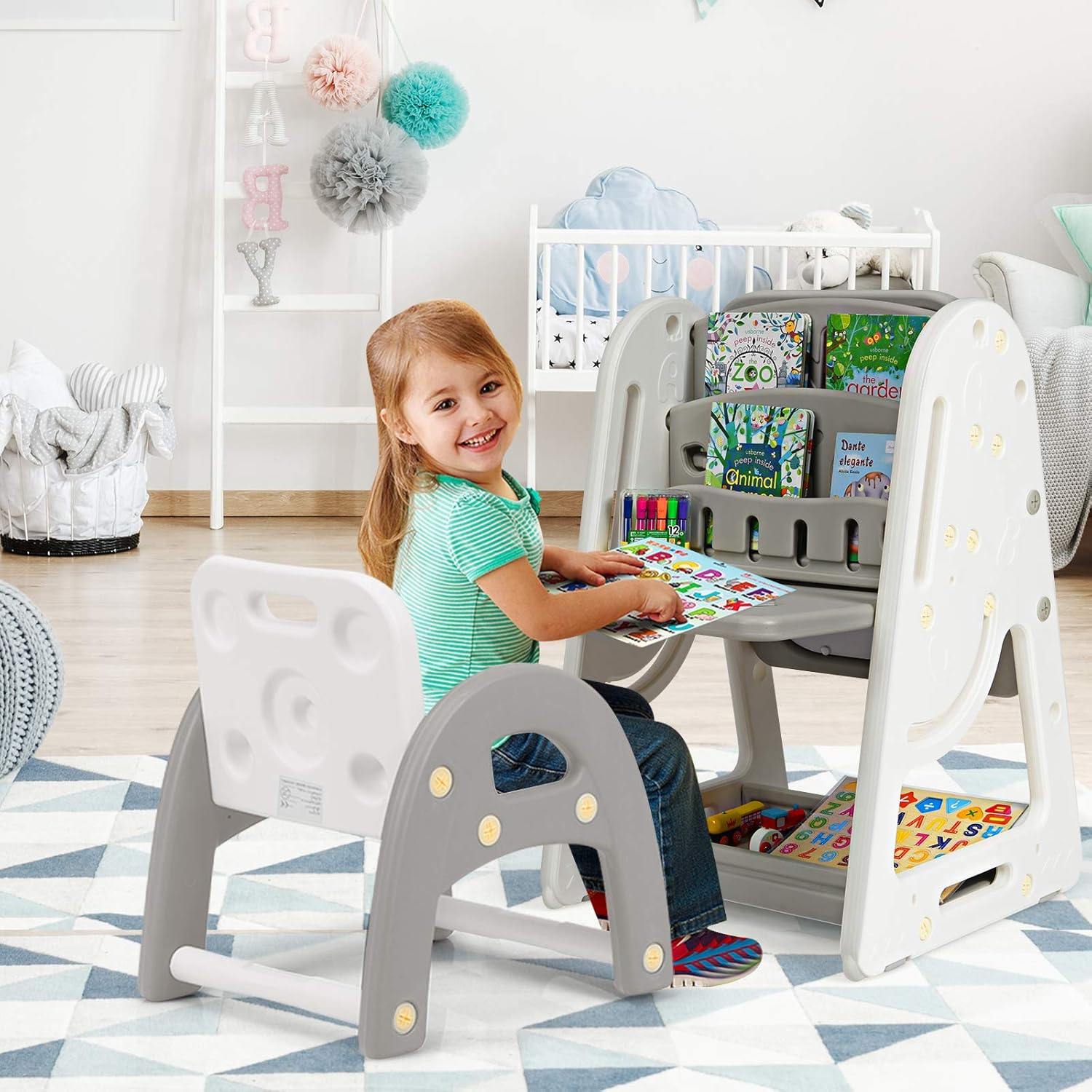 Kids Art Easel with Stool, 3 in 1 Double-Sided Magnetic Dry Erase Board and Kids Book Rack with Foldable Desktop, Adjustable Standing Easel with Letters and Number Magnets