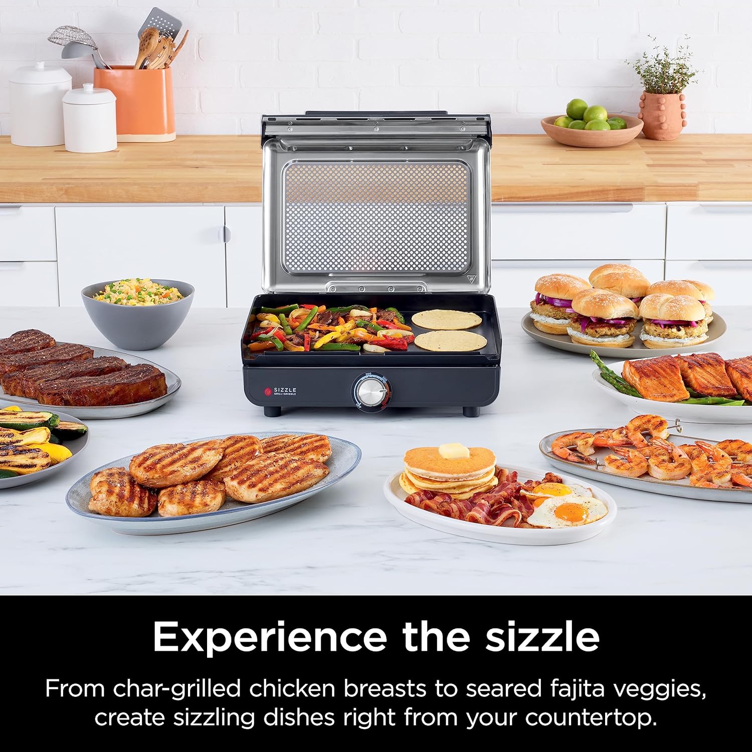 Griddle and Indoor Grill, 14’’, Electric Grill, For Steak, Burgers, Salmon, Veggies, and More, Pancake Griddle, Nonstick, Dishwasher Safe, 500F, Even Cooking