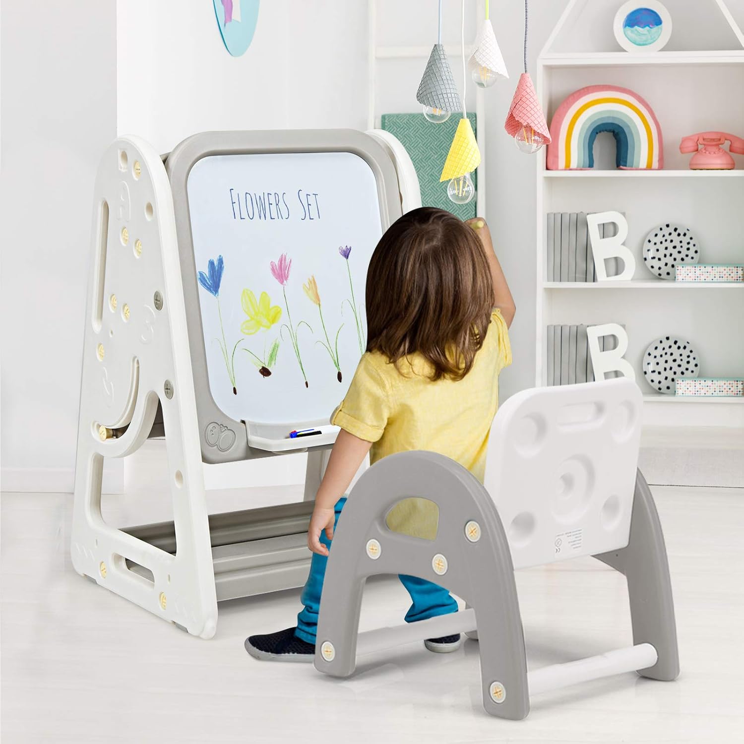 Kids Art Easel with Stool, 3 in 1 Double-Sided Magnetic Dry Erase Board and Kids Book Rack with Foldable Desktop, Adjustable Standing Easel with Letters and Number Magnets