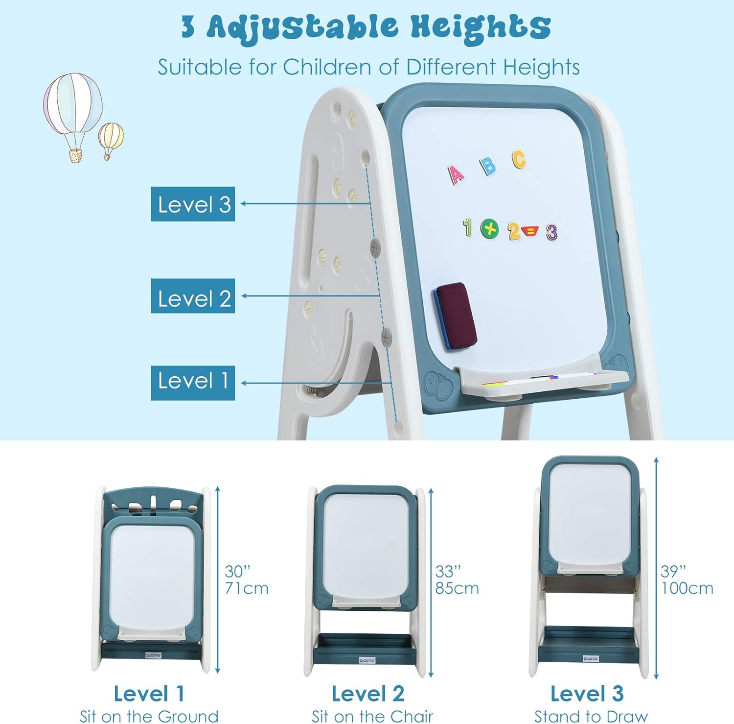 Kids Art Easel with Stool, 3 in 1 Double-Sided Magnetic Dry Erase Board and Kids Book Rack with Foldable Desktop, Adjustable Standing Easel with Letters and Number Magnets