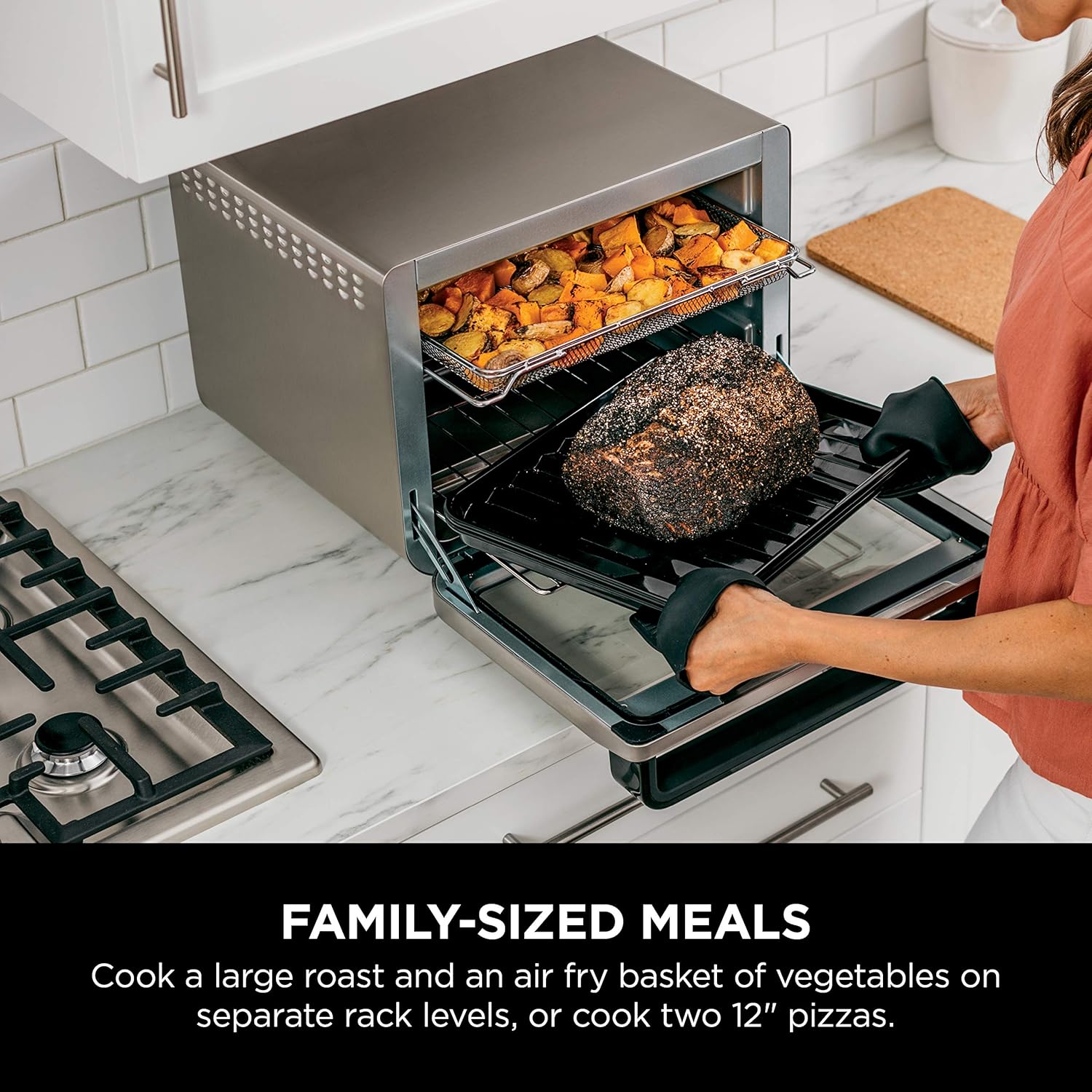 10-in-1 Smart XL Air Fry Oven, Bake, Broil, Toast, Roast, Digital Toaster, Thermometer, True Surround Convection up to 450°F, includes 6 trays & Recipe Guide