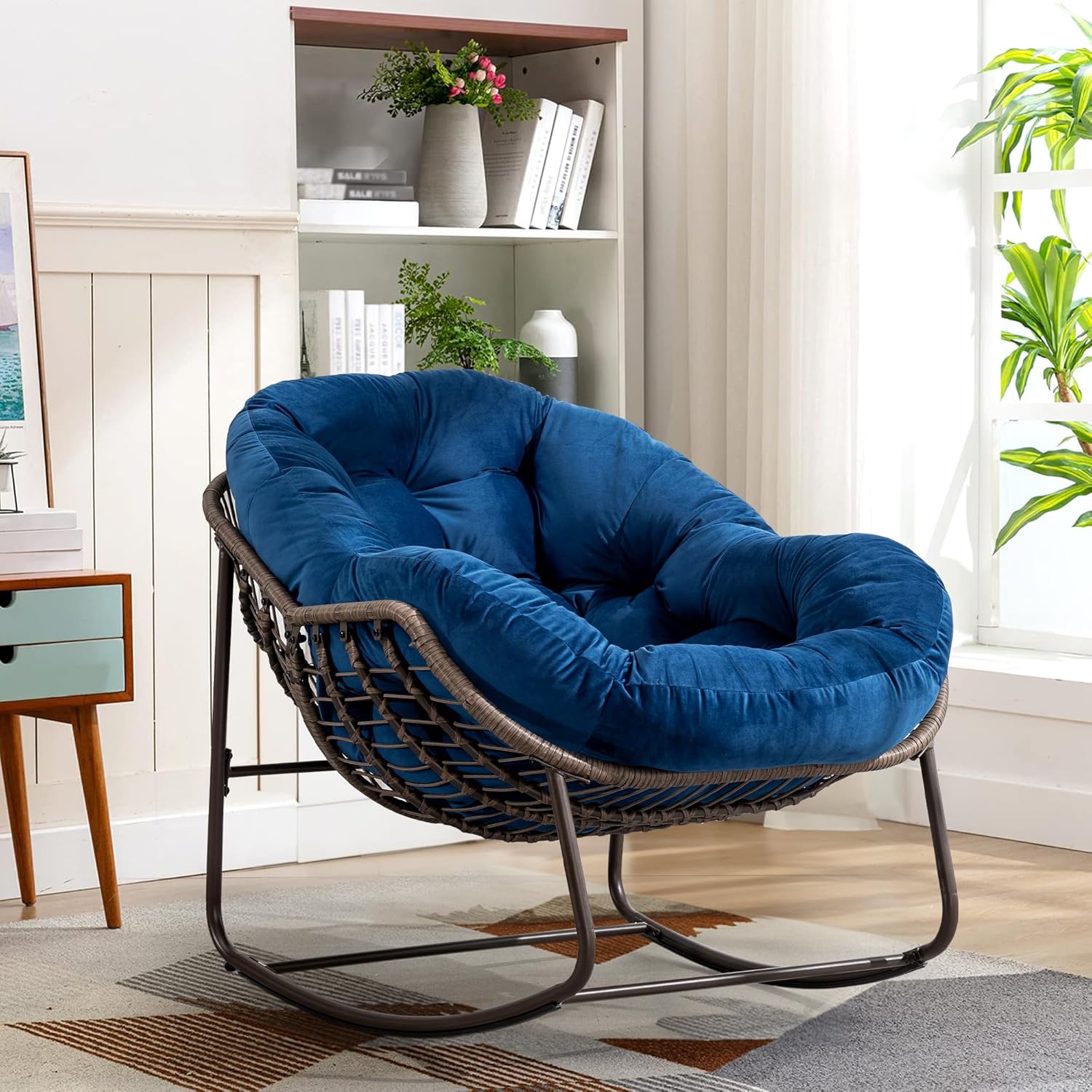 Large Indoor Outdoor Rocking Chair, Oversized Rocking Papasan Chair with Thick Cushion and Frame Outdoor Rocker, Comfy Wicker Egg Chairs Lounge for Outside Porch Patio Backyard Balcony