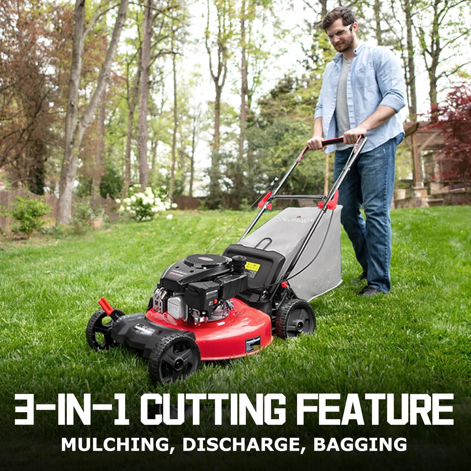 Gas Lawn Mower 21-Inch 144cc OHV Engine 3-in-1 Push Mower with Bagging