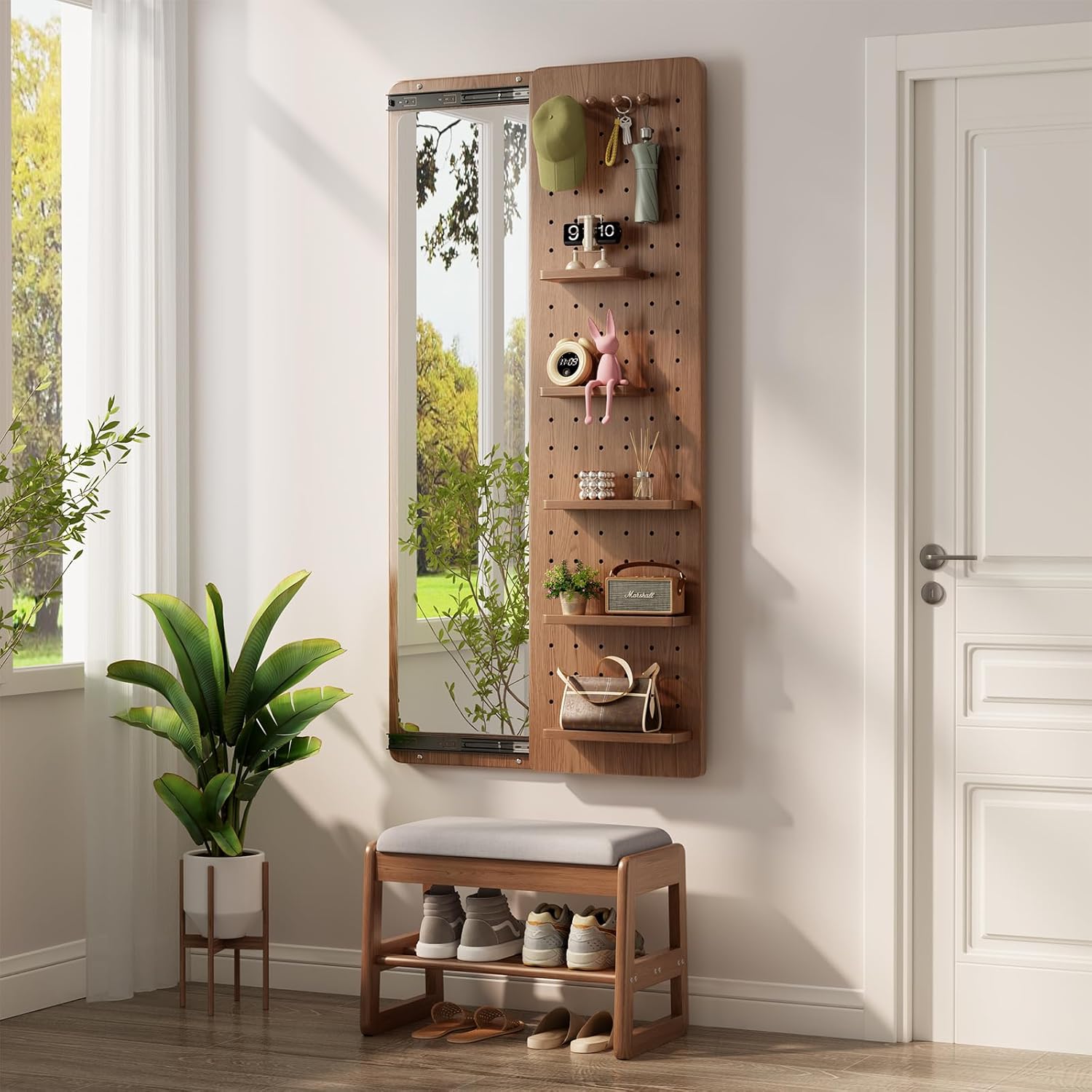 Wall Mirror Full Length – Solid Wood Mirror with Shelf & Hooks, Rustic Wall-Mounted Mirror with Multifunctional Panel for Bedroom, Living Room, Entryway