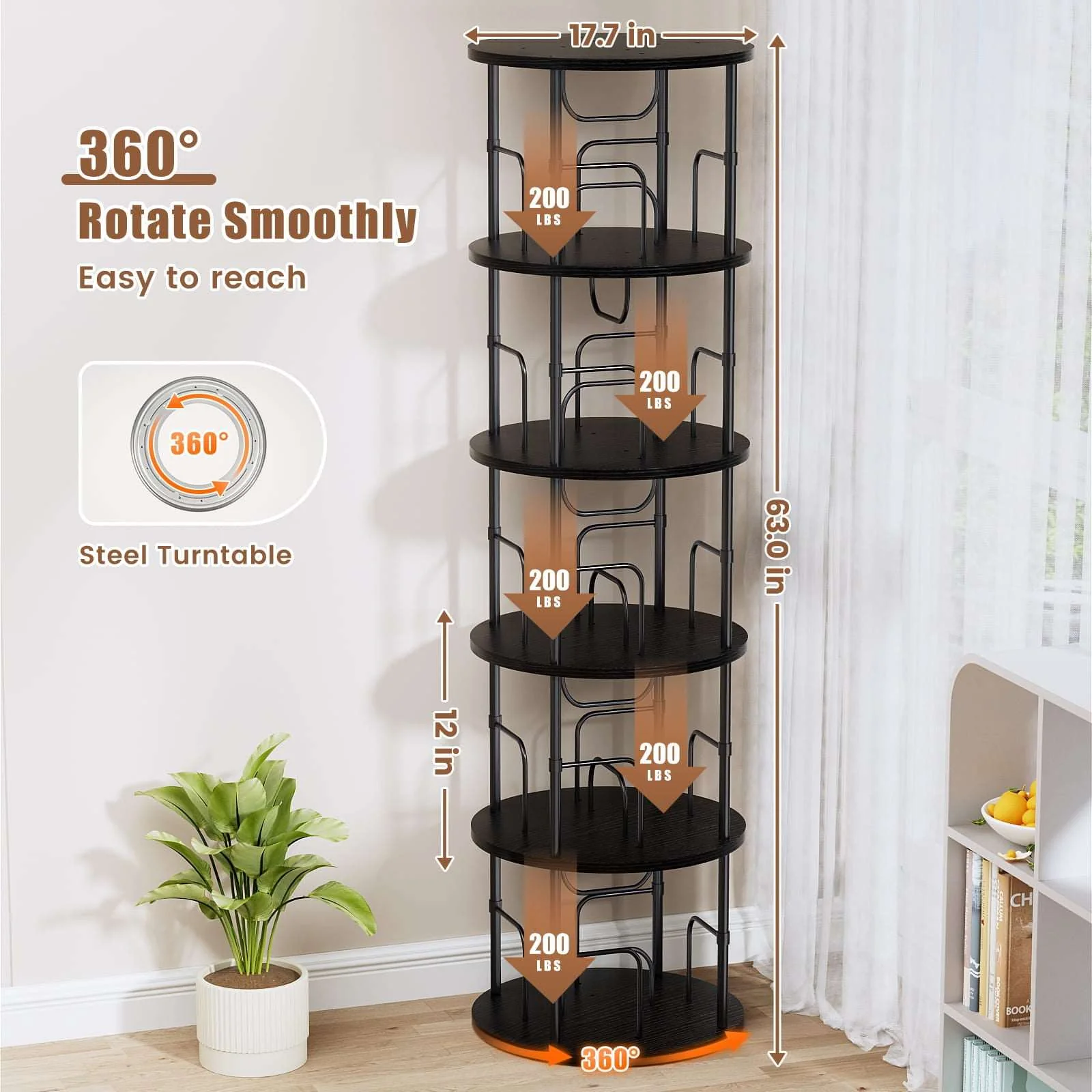 3-5 Tier Rotating Bookshelf With 360° Spinning Display