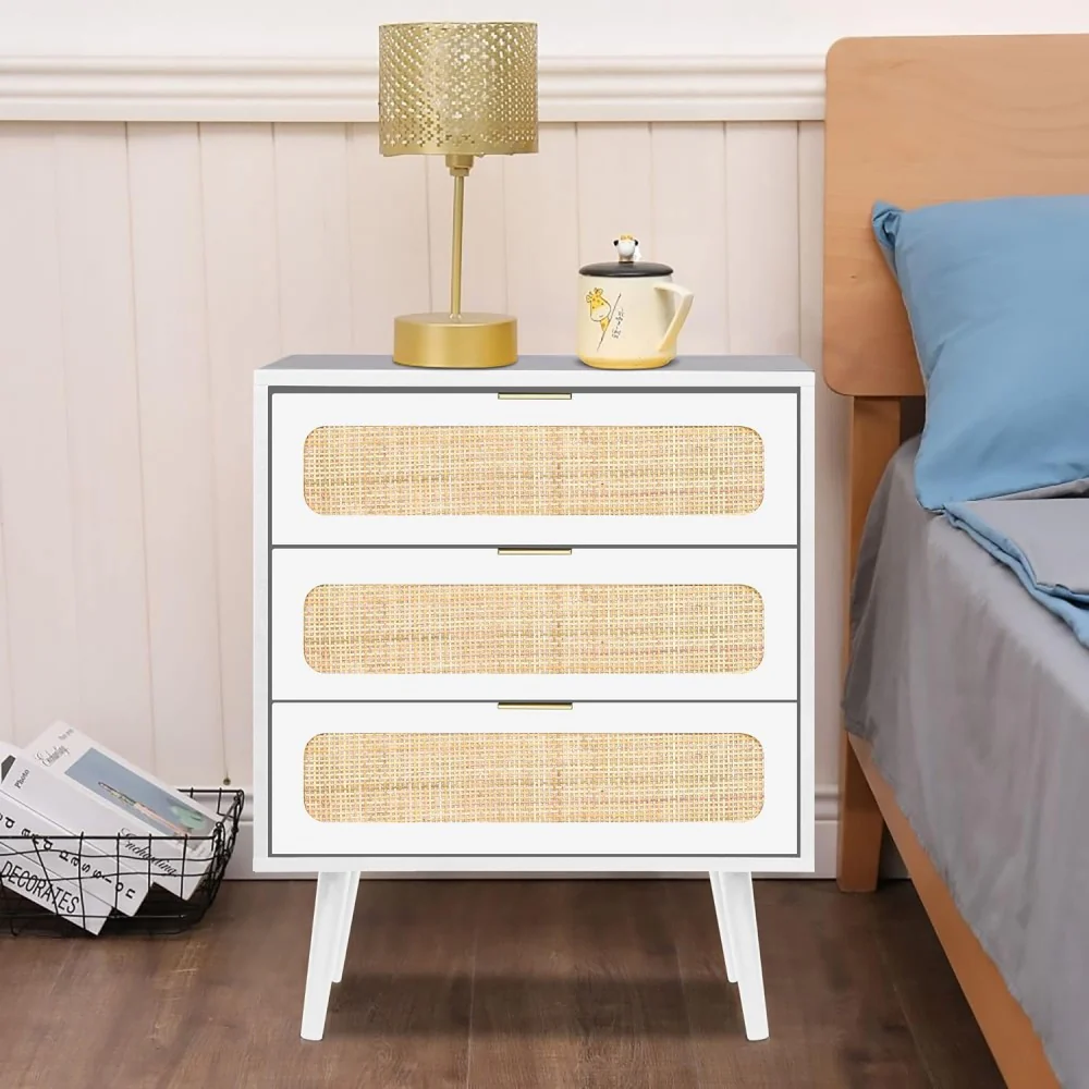 Rattan Nightstand Dresser Table with 3 Drawers