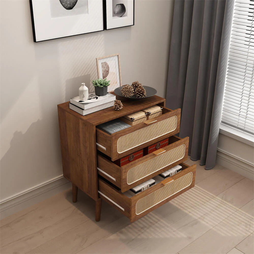 Rattan Nightstand Dresser Table with 3 Drawers
