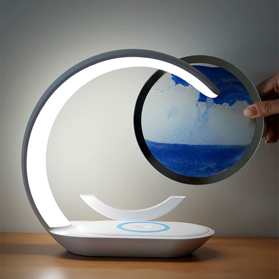 Quicksand Table Lamp USB Wireless Charging Desk Lamp 3D Hourglass Ornaments