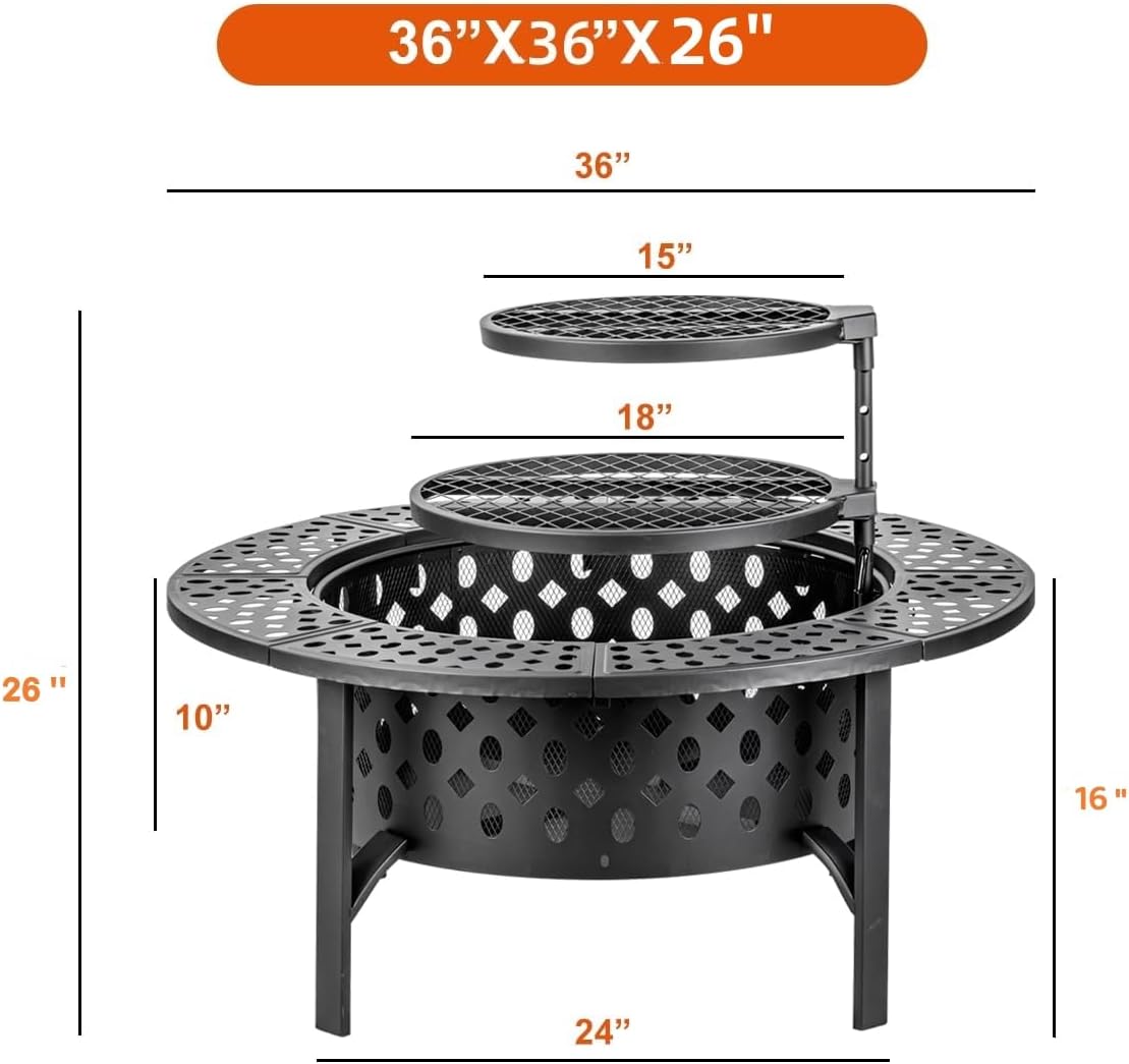Fire Pit with 2 Grills, Wood Burning Fire Pits for Outside with Lid, Poker and Round Waterproof Cover, BBQ& Outdoor Firepit & Round Metal Table 3 in 1 for Patio, Picnic, Party