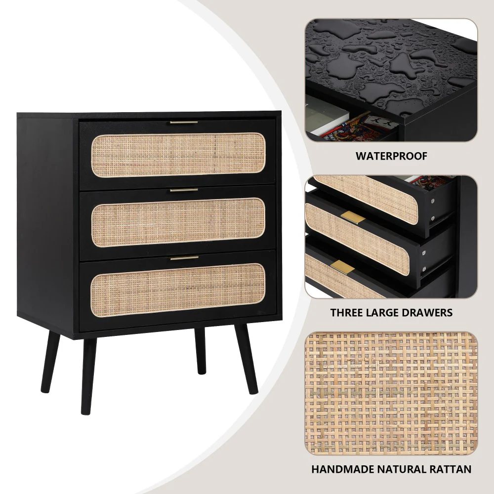 Rattan Nightstand Dresser Table with 3 Drawers