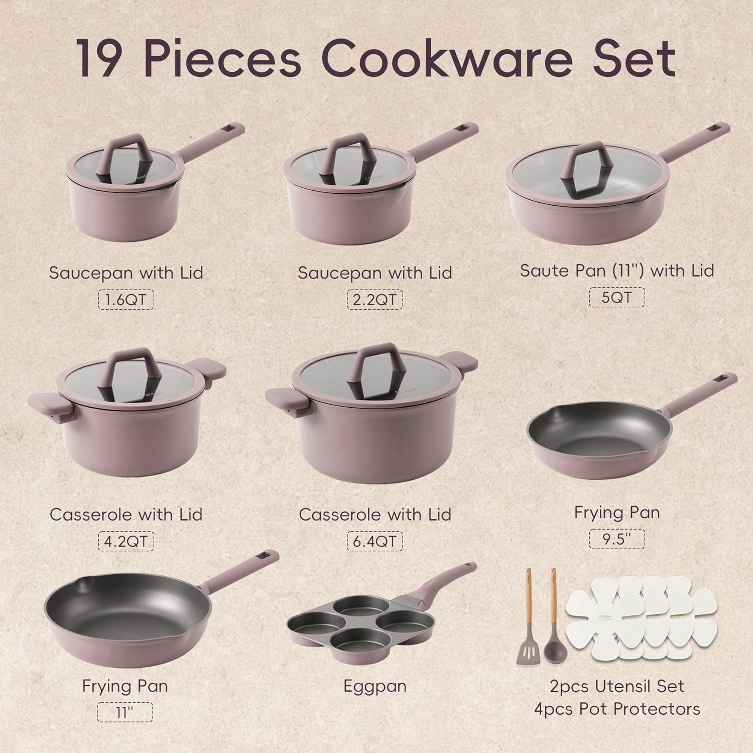 19pcs Nonstick Cookware Set, Pots and Pans Set Non Stick, kitchen Cooking Set, Premium Induction Cookware, Frying pan, Large Capacity Granite, Brown