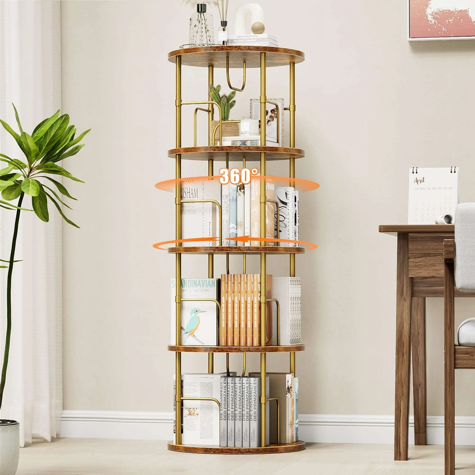 3-5 Tier Rotating Bookshelf With 360° Spinning Display