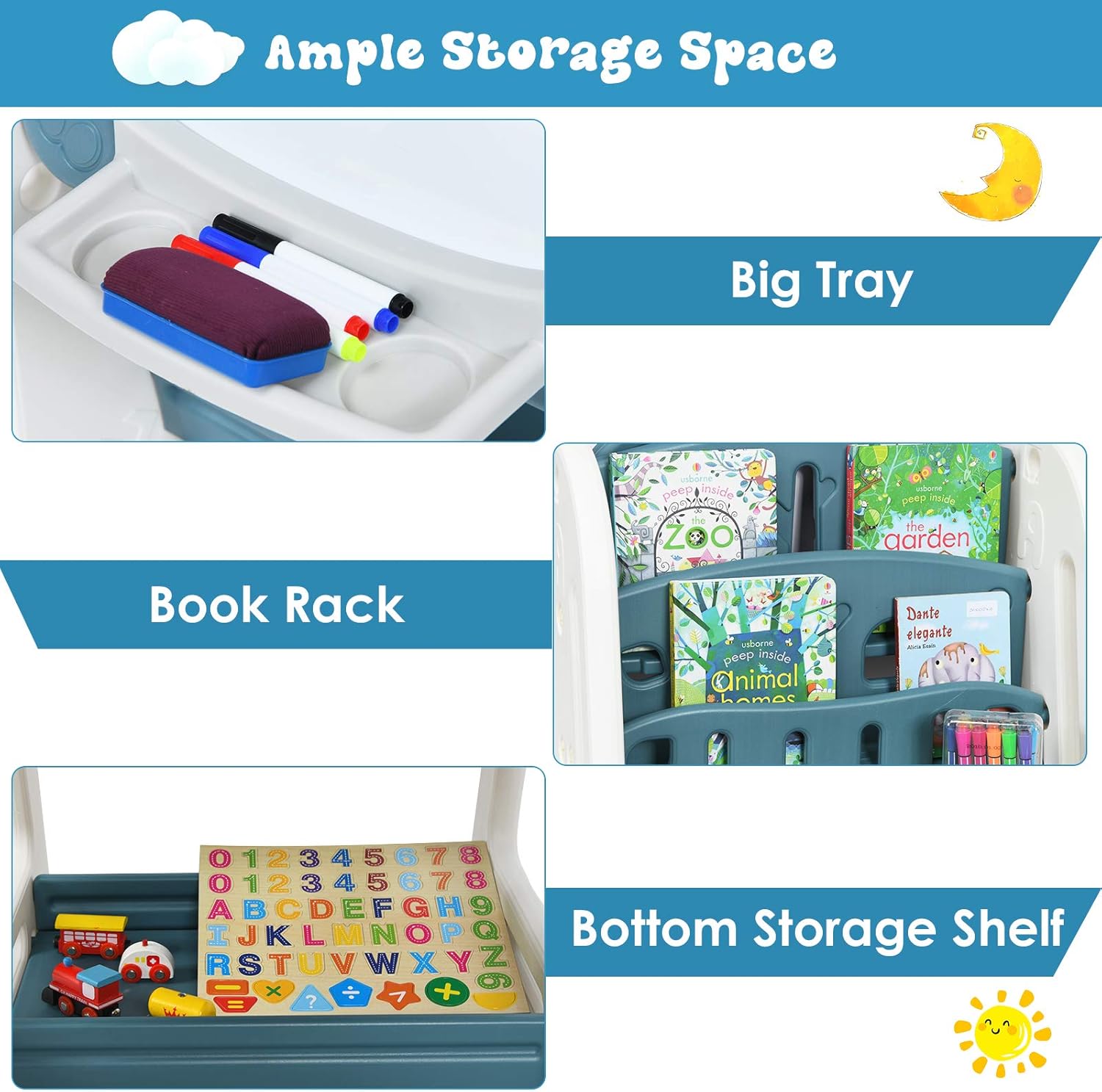 Kids Art Easel with Stool, 3 in 1 Double-Sided Magnetic Dry Erase Board and Kids Book Rack with Foldable Desktop, Adjustable Standing Easel with Letters and Number Magnets