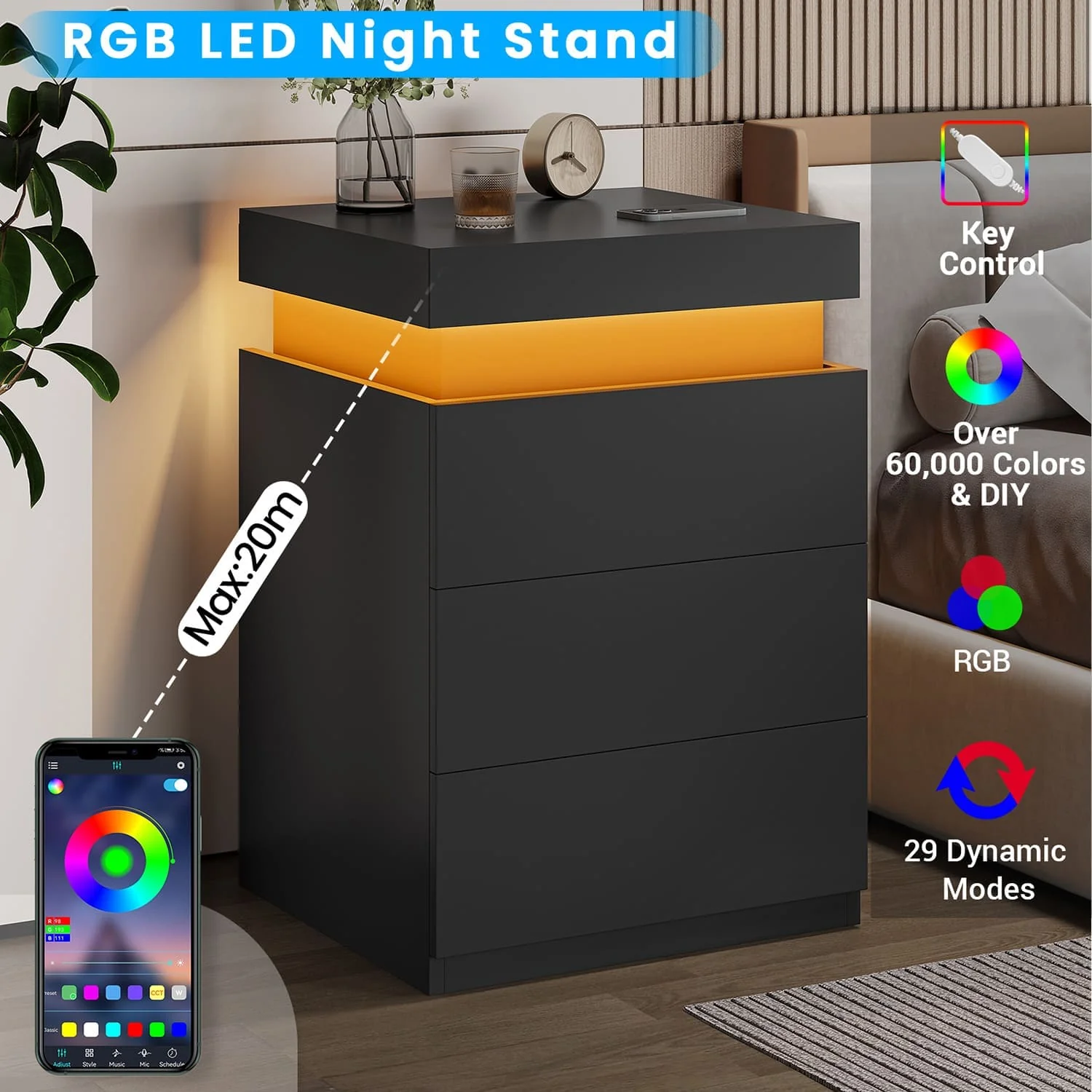 Nightstand with LED Lights Charging Station