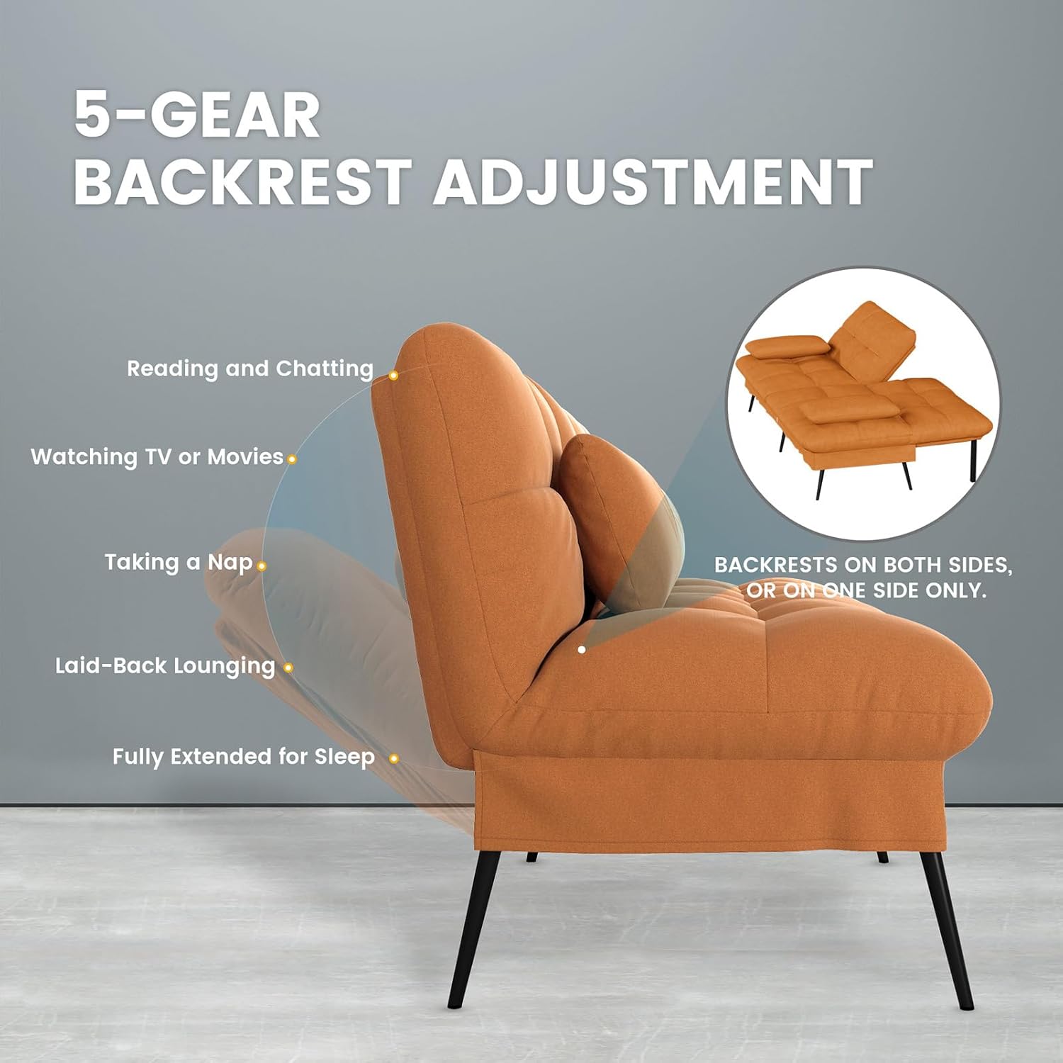 Convertible Sofa Bed,68″Fabric Couch with Adjustable Backrest,Loveseat Recliner Sleeper Living Room Furniture futon Set