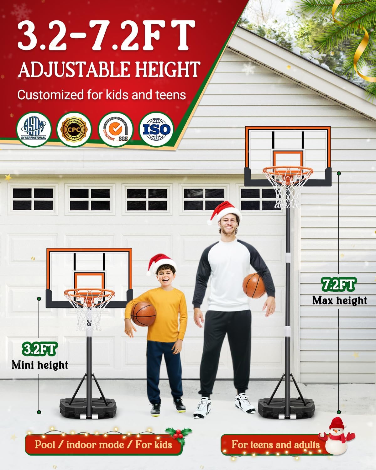 Kids Basketball Hoop Outdoor 3.2-7.2ft Adjustable, Portable Basketball Hoop & Goals for Kids/Teens/Youth in Pool/Backyard/Driveway/Indoor, 29 Inch Shatterproof Backboard and Enlarged Base