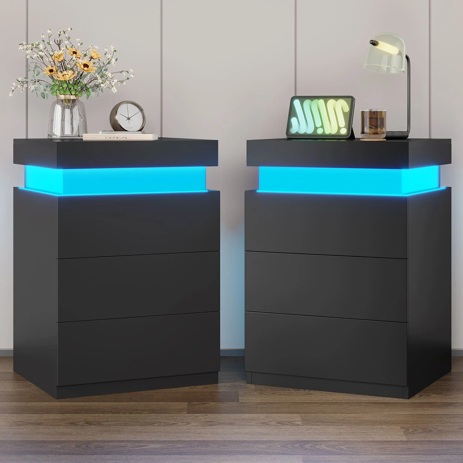 Nightstand with LED Lights Charging Station