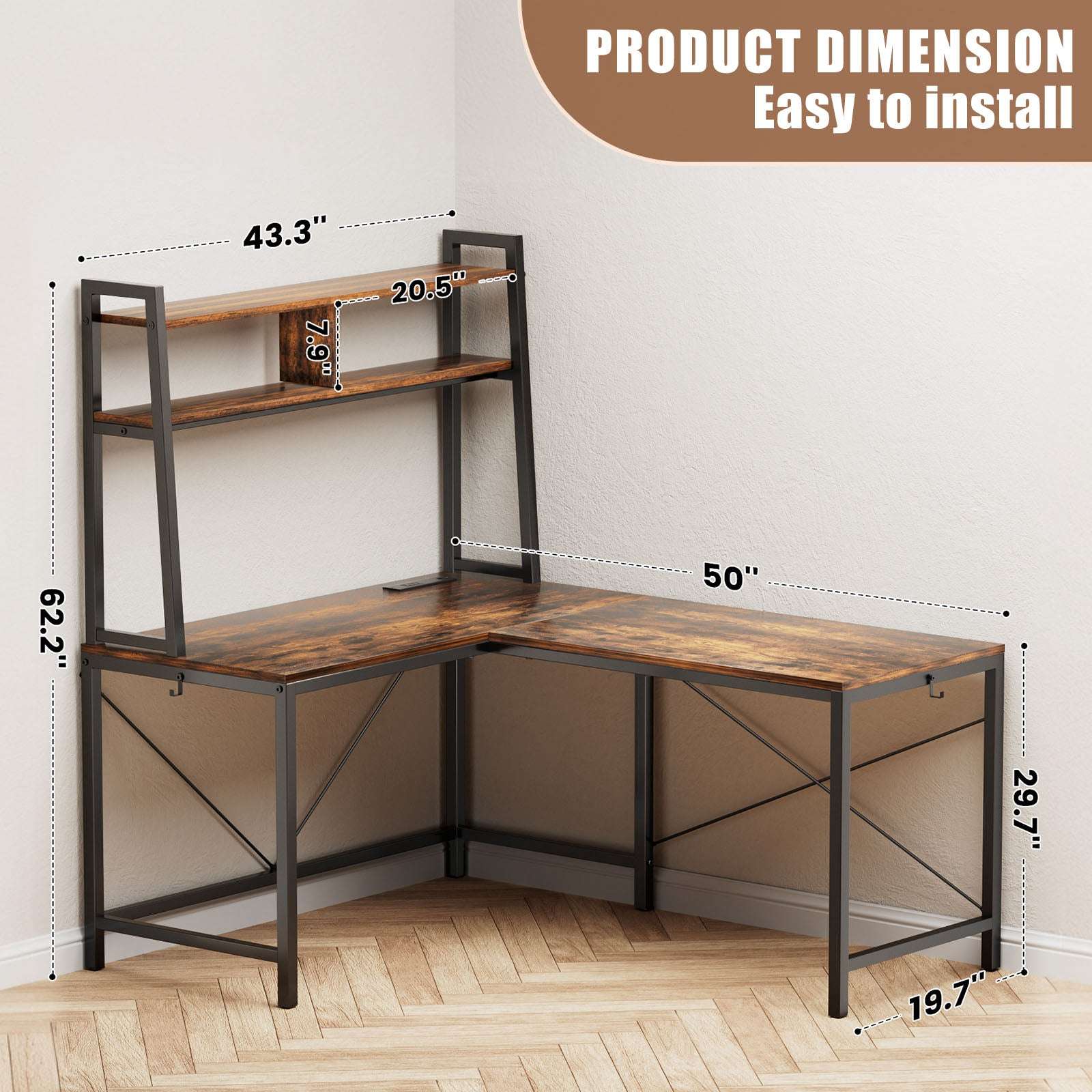 L-Shaped Gaming Desk With Led Lights & Power Outlets