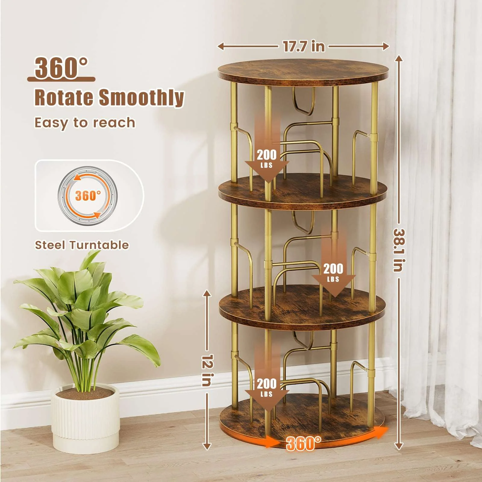 3-5 Tier Rotating Bookshelf With 360° Spinning Display