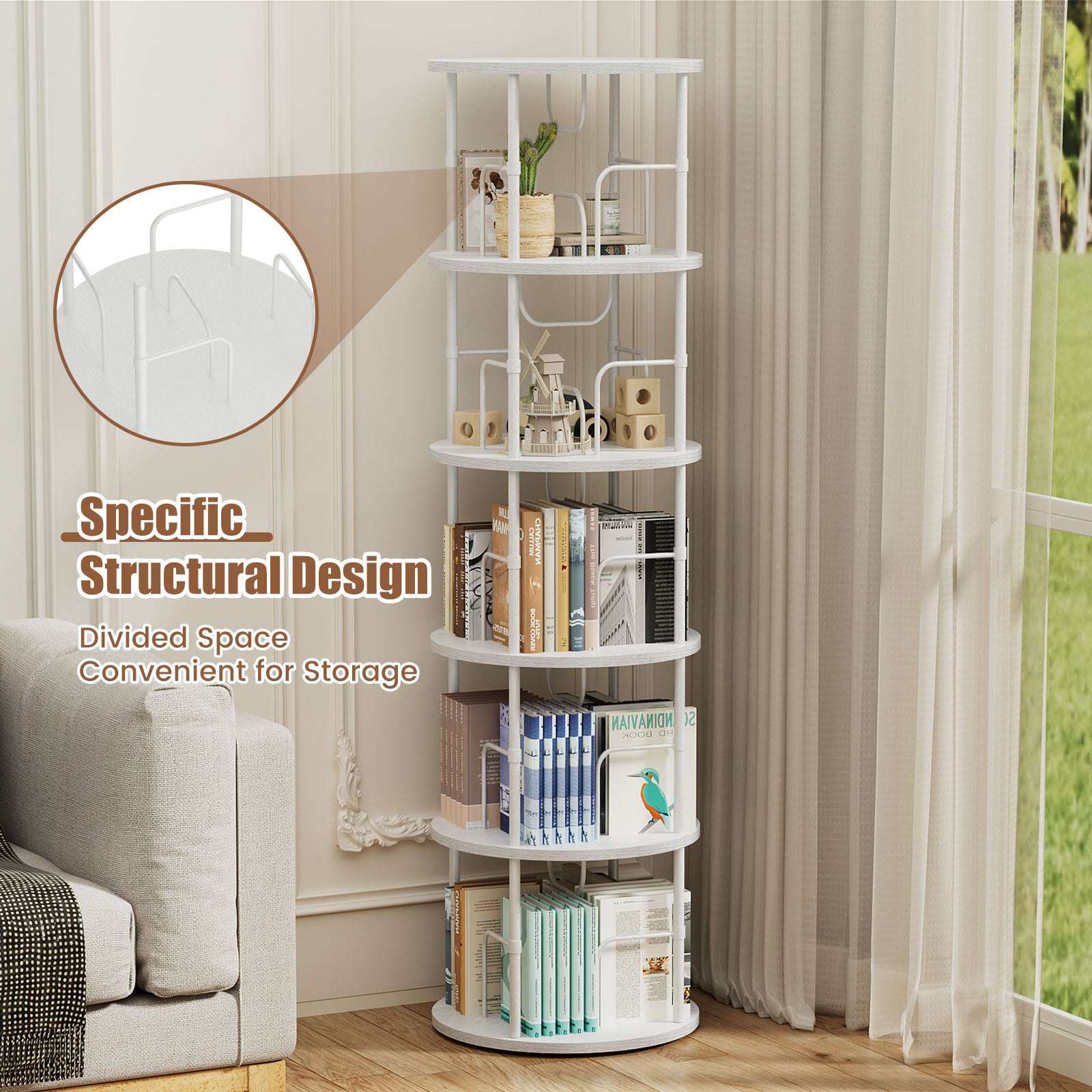 3-5 Tier Rotating Bookshelf With 360° Spinning Display