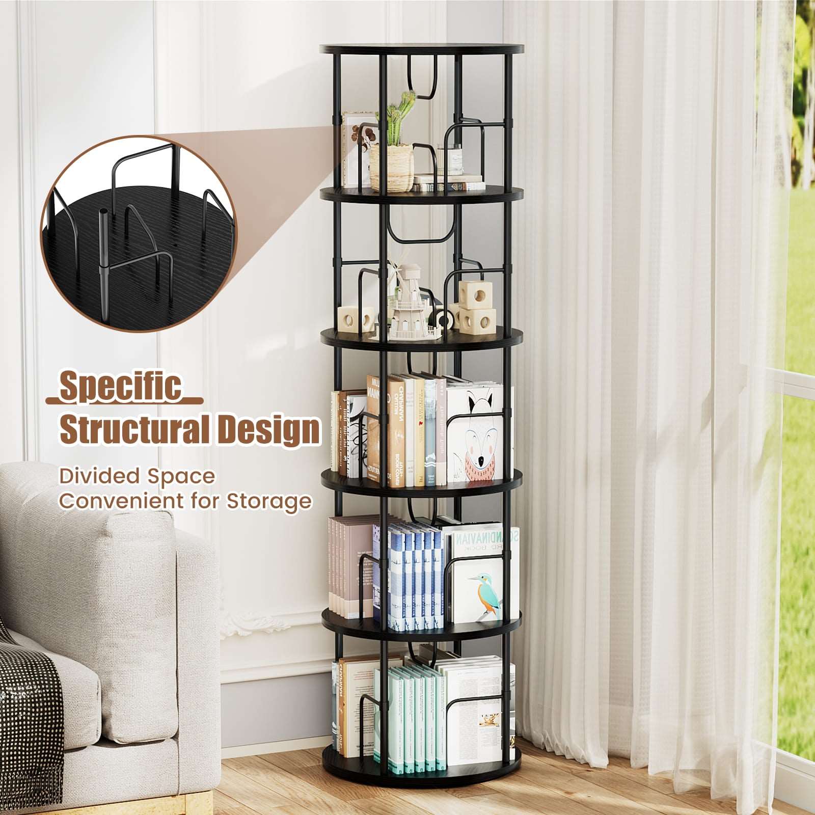 3-5 Tier Rotating Bookshelf With 360° Spinning Display