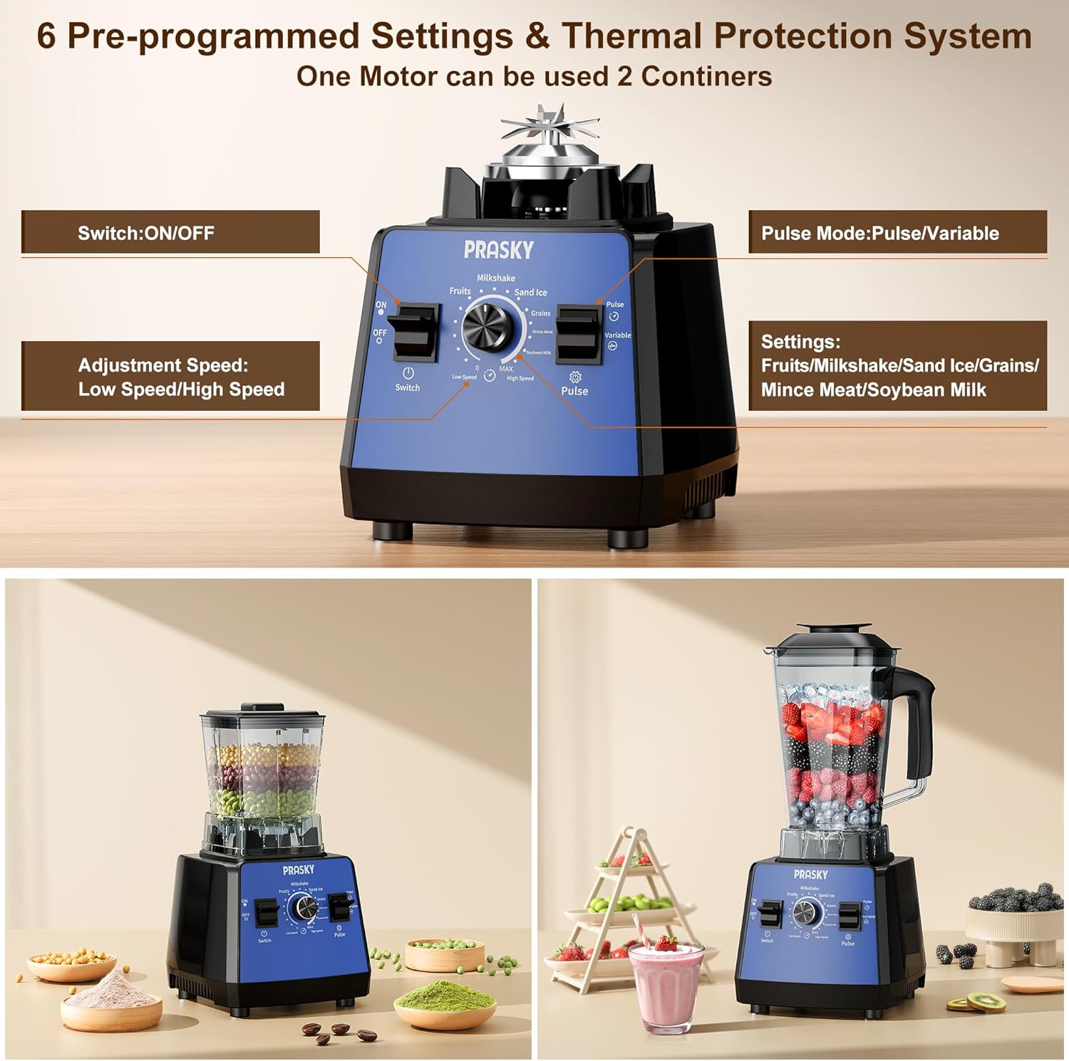 Professional Blender,Smoothies Blenders, Max.2400Watts/1000Watts Blender and Grinder Combo 25000RPM Powerful Kitchen 68oz BPA Free 2 Containers Countertop Blenders Ice Crushing, Juice