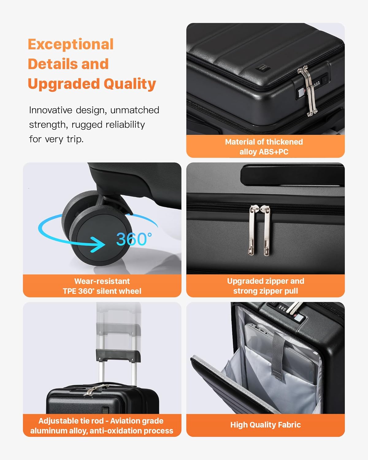 20 IN Carry On Luggage 22x14x9 Airline Approved - Front Pocket Hardside Travel Suitcase Unbreakable