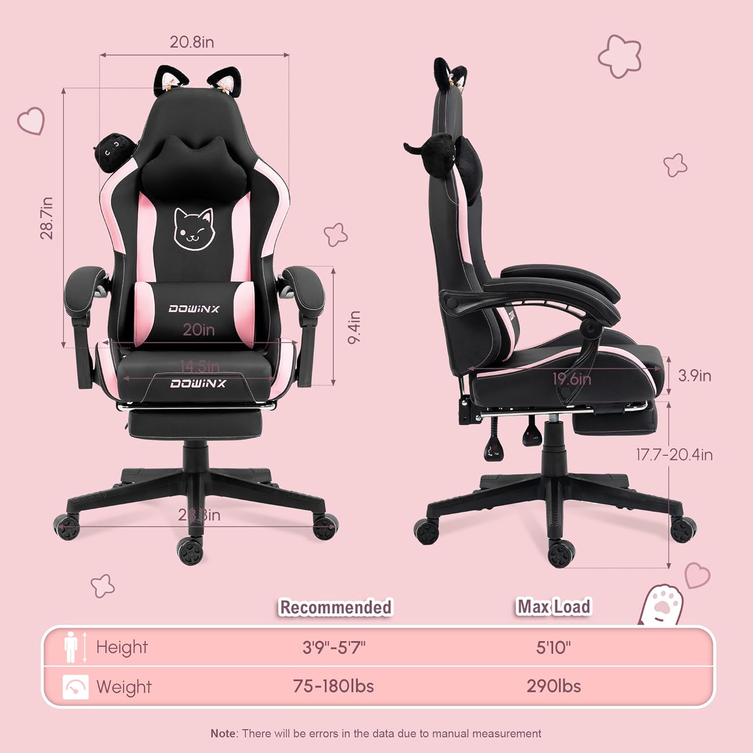 Gaming Chair Cute with Cat Ears and Massage Lumbar Support, Ergonomic Computer Chair for Girl with Footrest and Headrest, Comfortable Reclining Game Chair 290lbs for Adult, Teen, Black