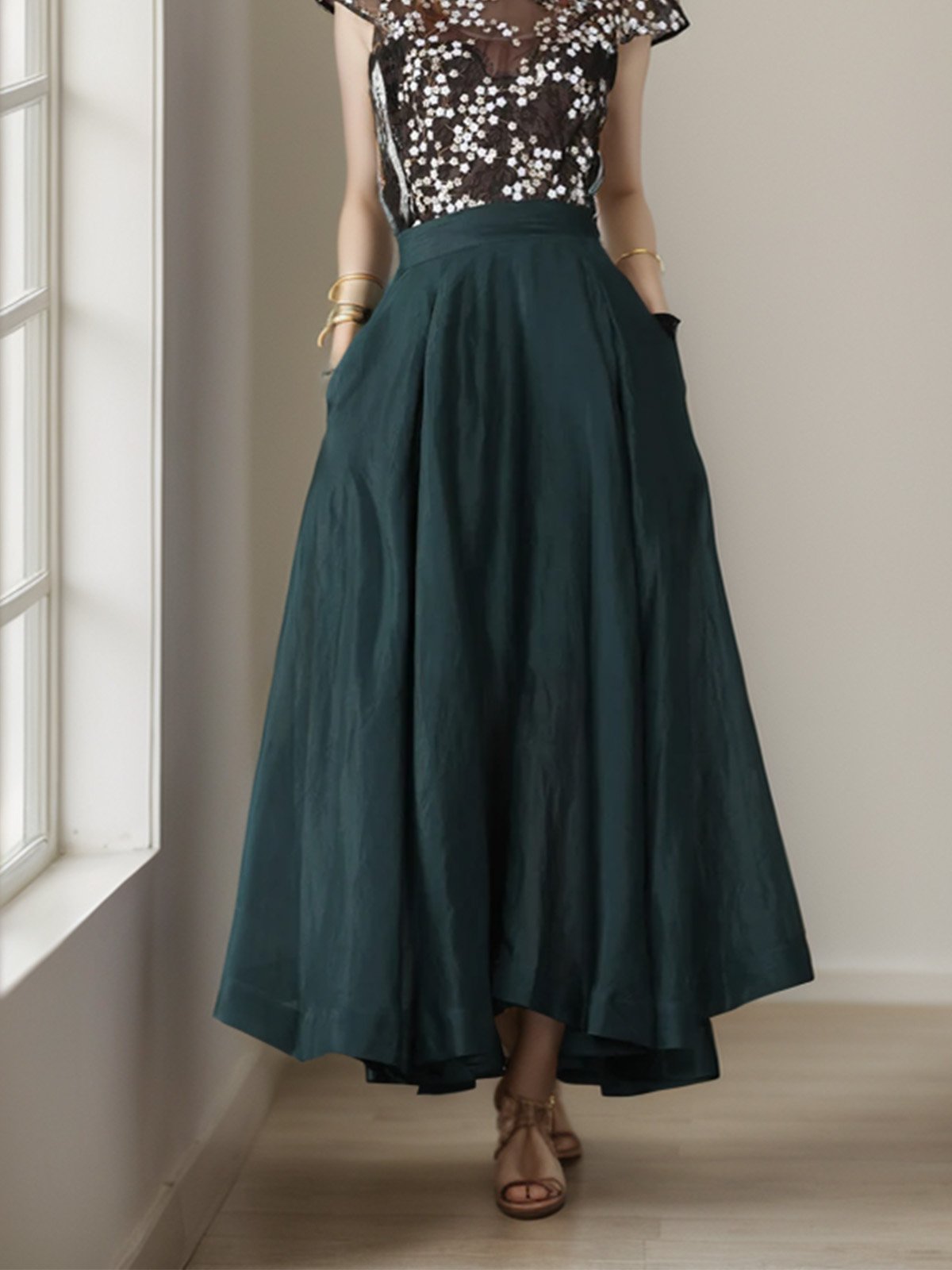 Maxi Linen Skirt, Linen, Green