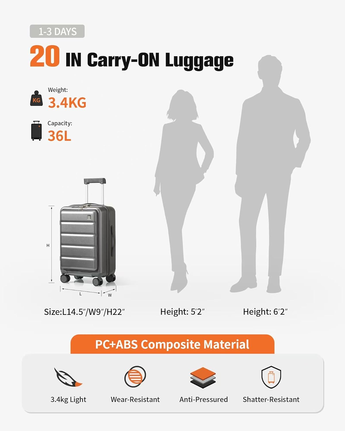 20 IN Carry On Luggage 22x14x9 Airline Approved - Front Pocket Hardside Travel Suitcase Unbreakable