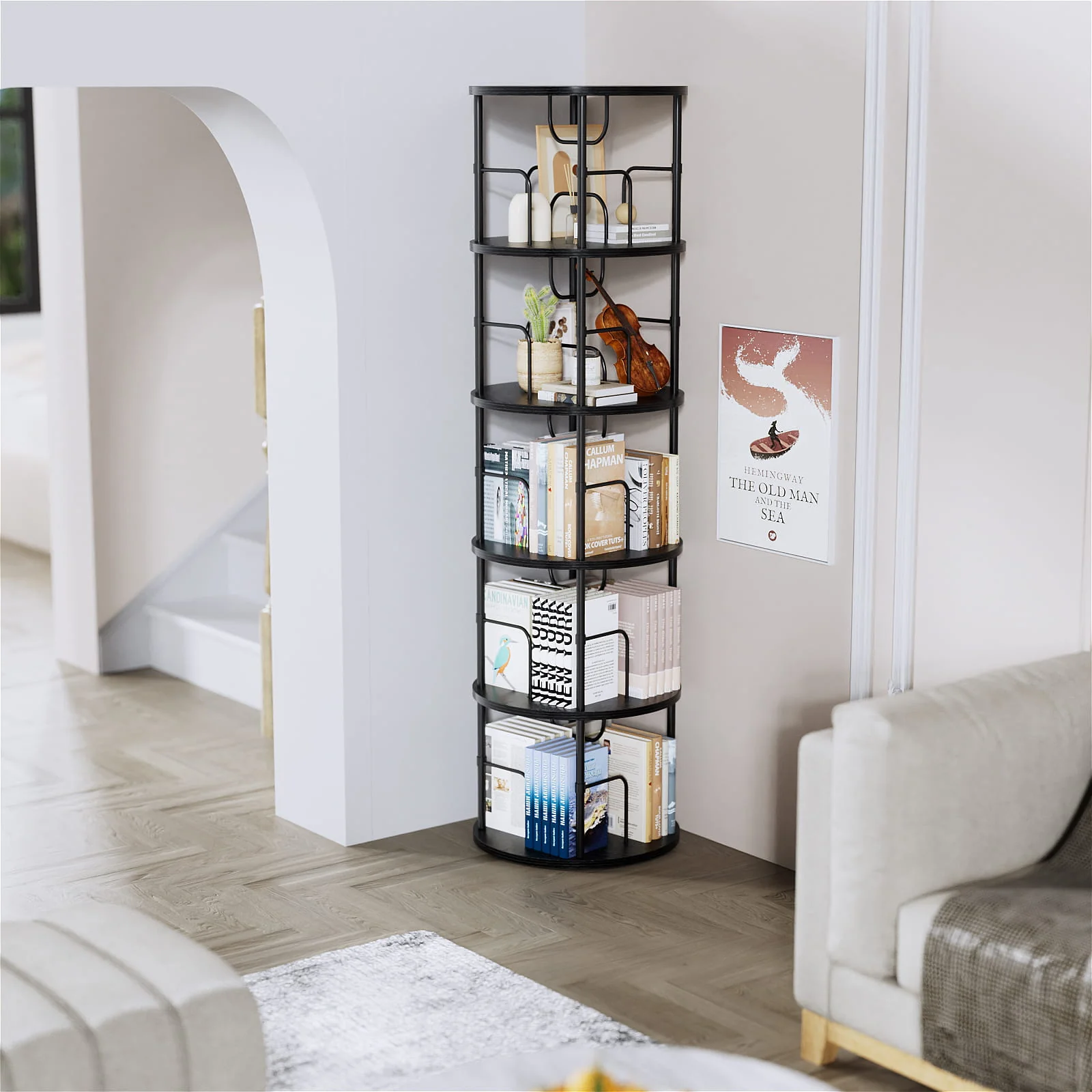 3-5 Tier Rotating Bookshelf With 360° Spinning Display