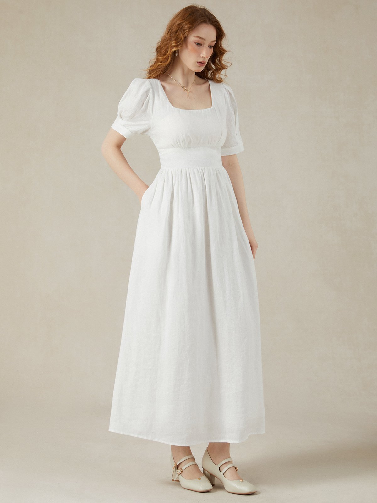 Linen Maxi Dress, Puff Sleeve, Short Sleeve, Square Neck, Vintage Dress, Linen, White