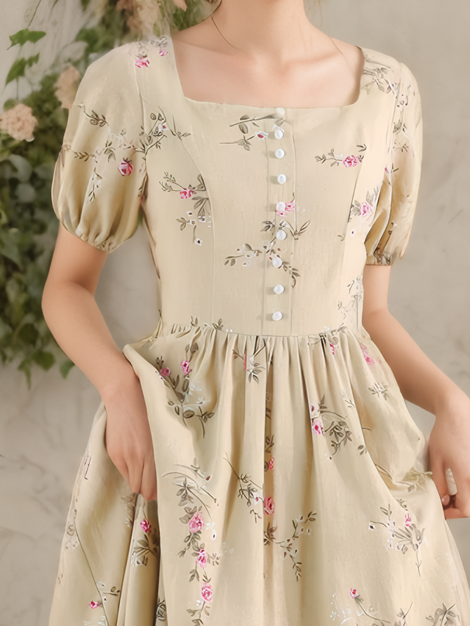 Maxi Linen Dress, Puff Sleeves, Square Neck, Linen Blend, Yellow