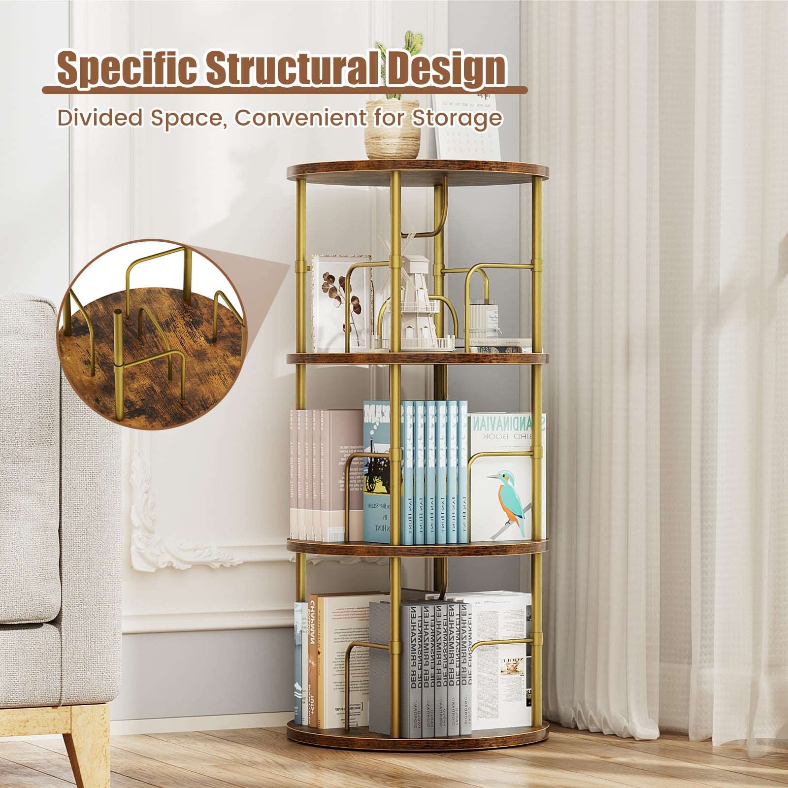 3-5 Tier Rotating Bookshelf With 360° Spinning Display