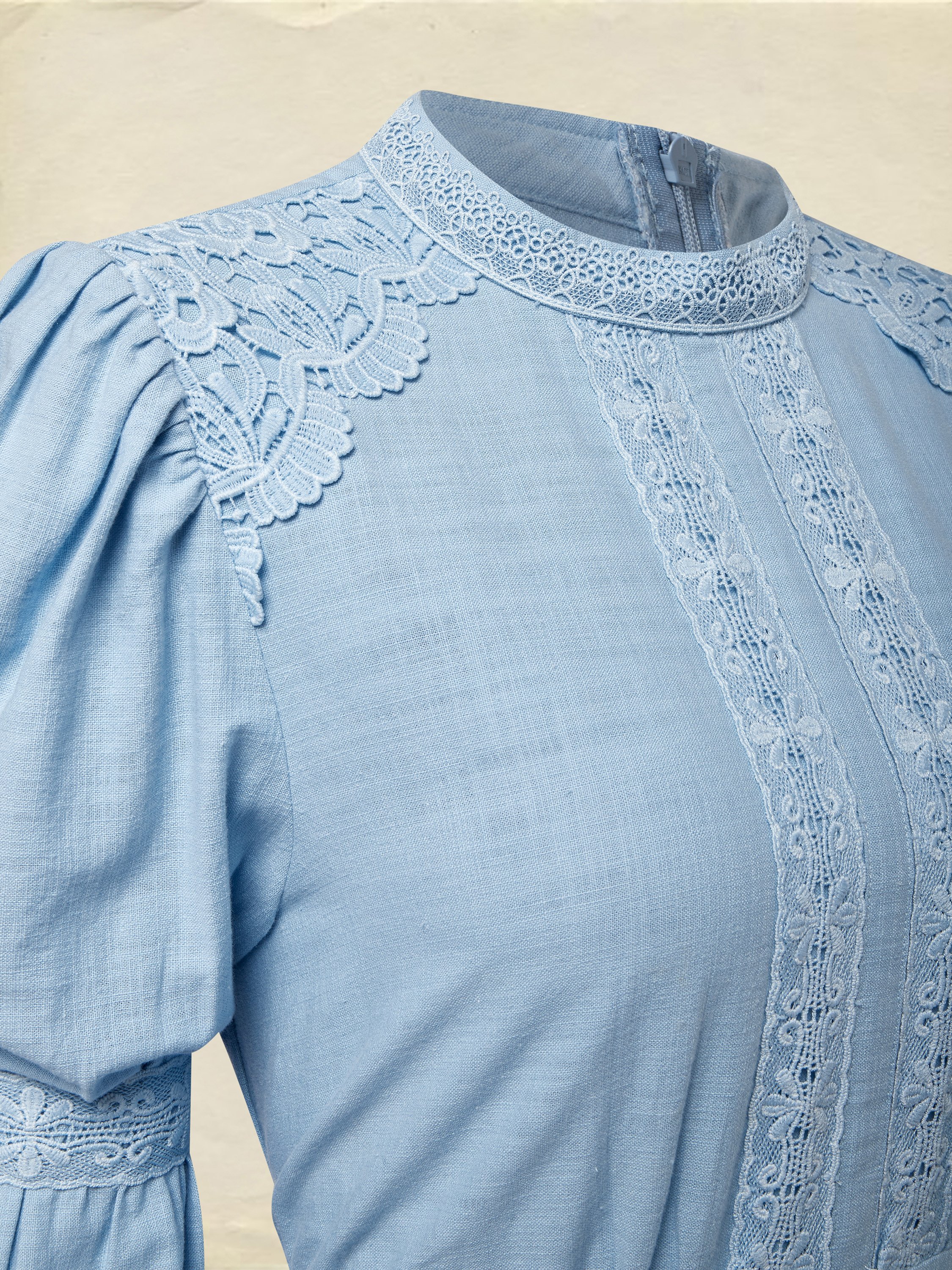 Maxi Linen Dress, Long Sleeves, Stand Collar, Lace Design, Linen Blend, Blue