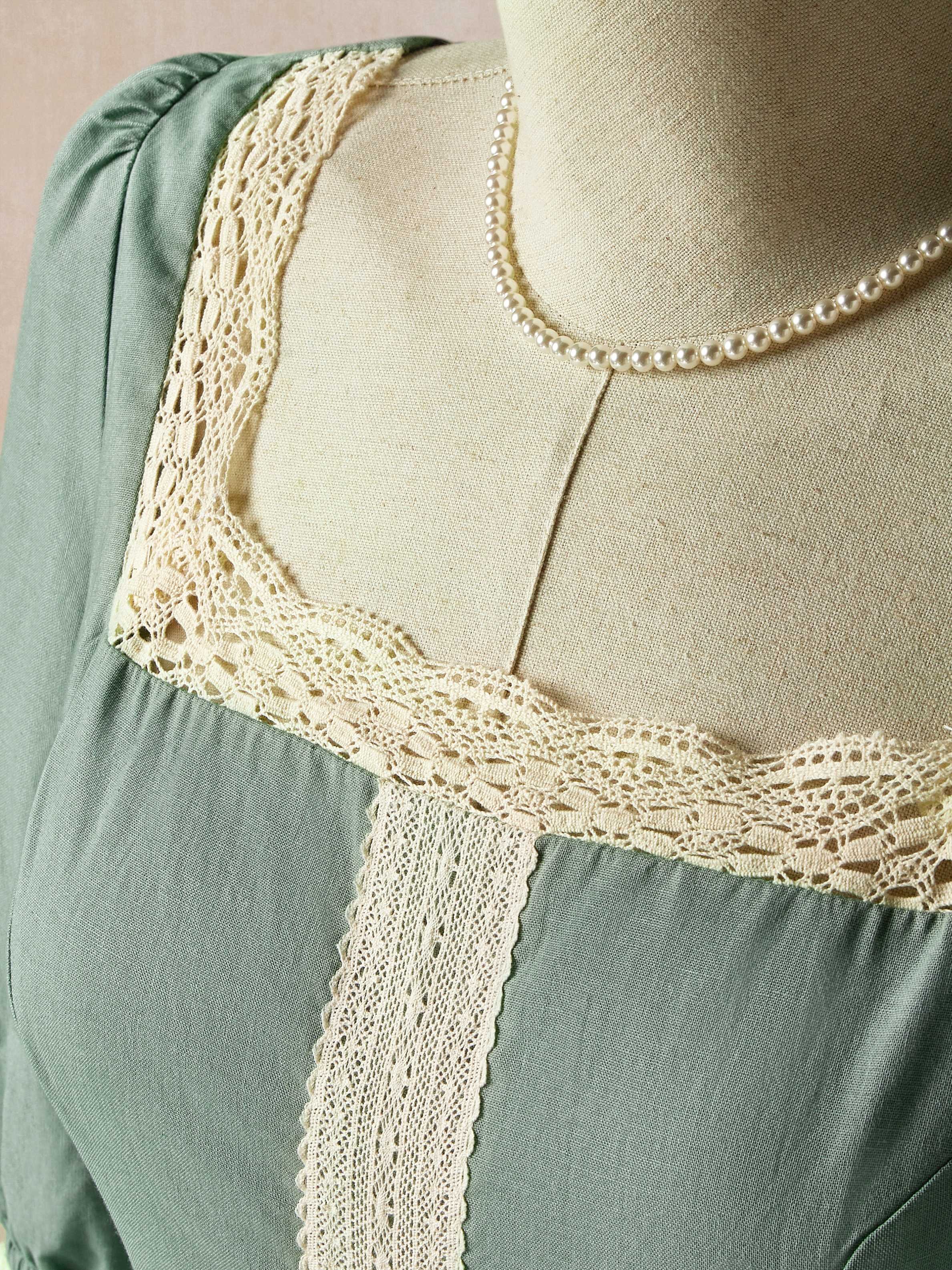 Maxi Linen Dress, 3/4 Sleeves, Square Neck, Lace Up, Linen Blend, Green