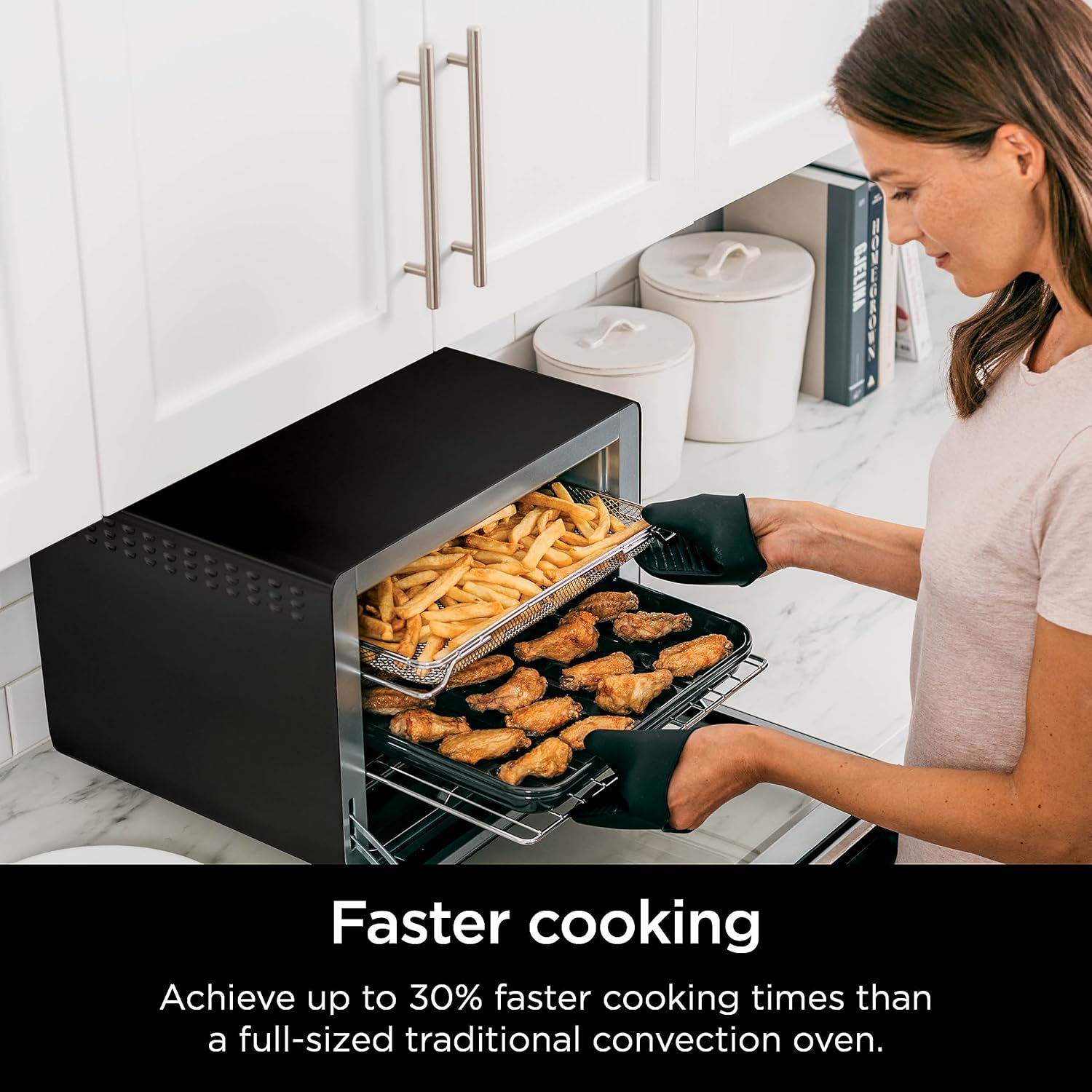 10-in-1 Smart XL Air Fry Oven, Bake, Broil, Toast, Roast, Digital Toaster, Thermometer, True Surround Convection up to 450°F, includes 6 trays & Recipe Guide