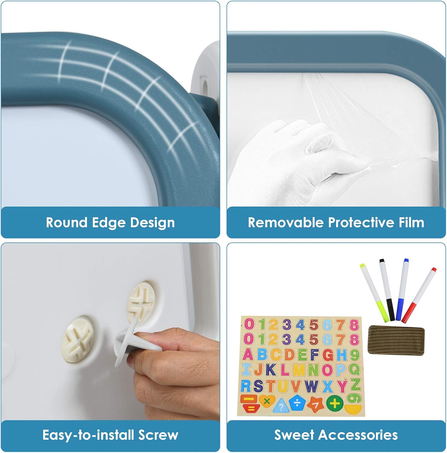 Kids Art Easel with Stool, 3 in 1 Double-Sided Magnetic Dry Erase Board and Kids Book Rack with Foldable Desktop, Adjustable Standing Easel with Letters and Number Magnets