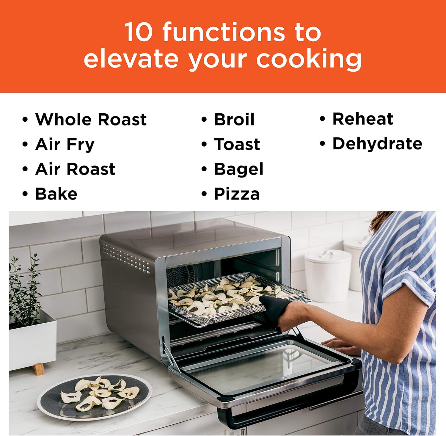 10-in-1 Smart XL Air Fry Oven, Bake, Broil, Toast, Roast, Digital Toaster, Thermometer, True Surround Convection up to 450°F, includes 6 trays & Recipe Guide