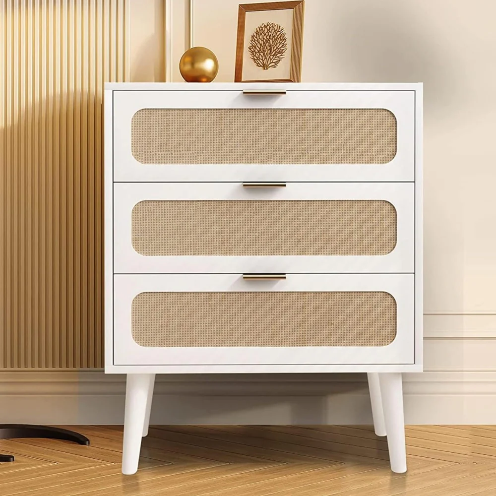 Rattan Nightstand Dresser Table with 3 Drawers