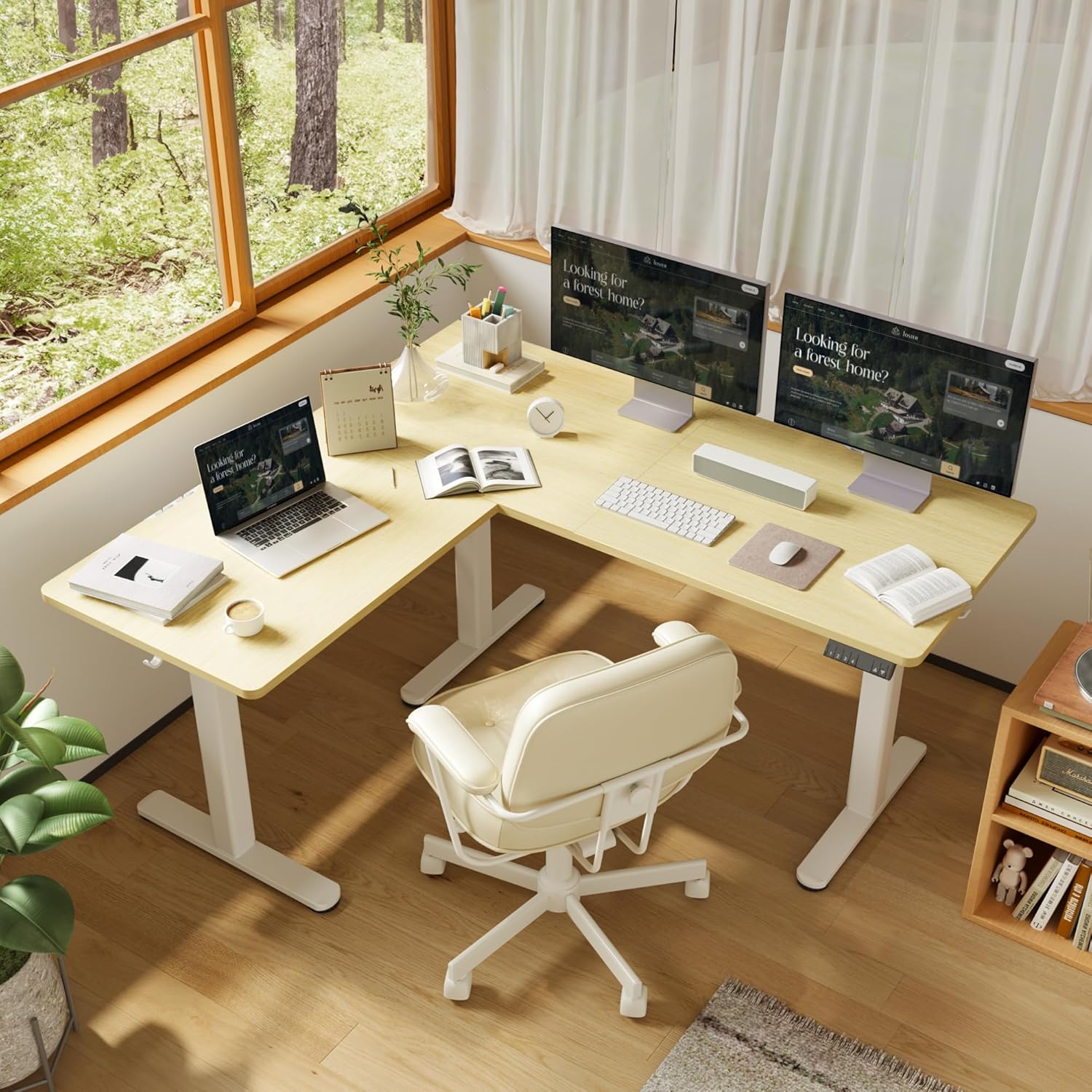 Shaped Standing Desk, Electric Standing Desk L Shape Adjustable Height Dual Motor, 63 x 55 Inch Corner Standing Desk with Splice Board for Home Office, Large Standing Desk, Nature