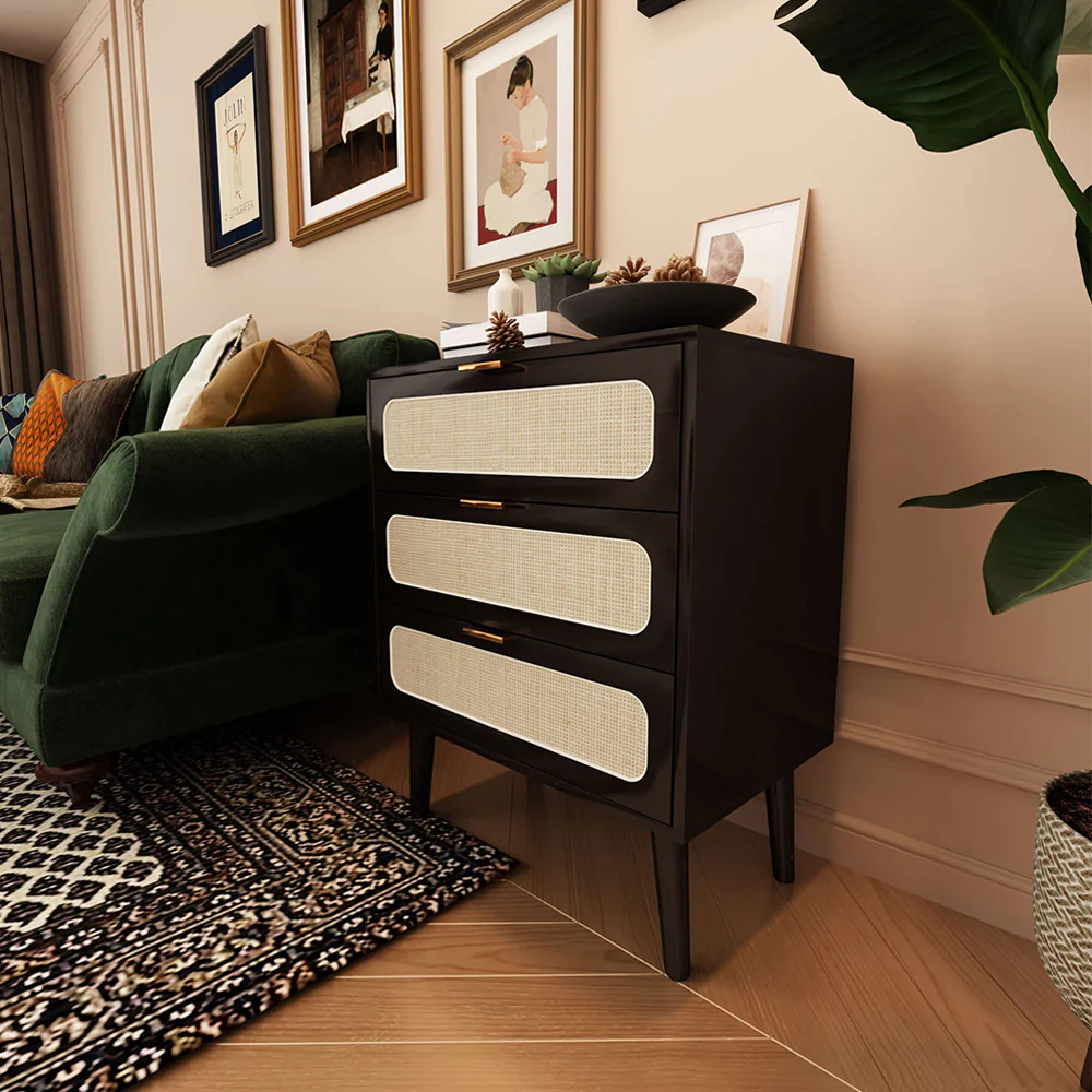 Rattan Nightstand Dresser Table with 3 Drawers