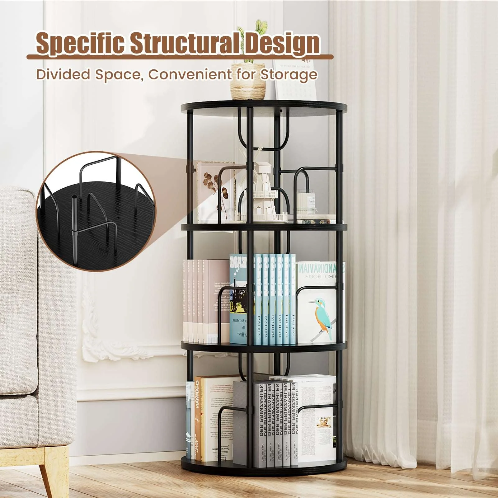 3-5 Tier Rotating Bookshelf With 360° Spinning Display